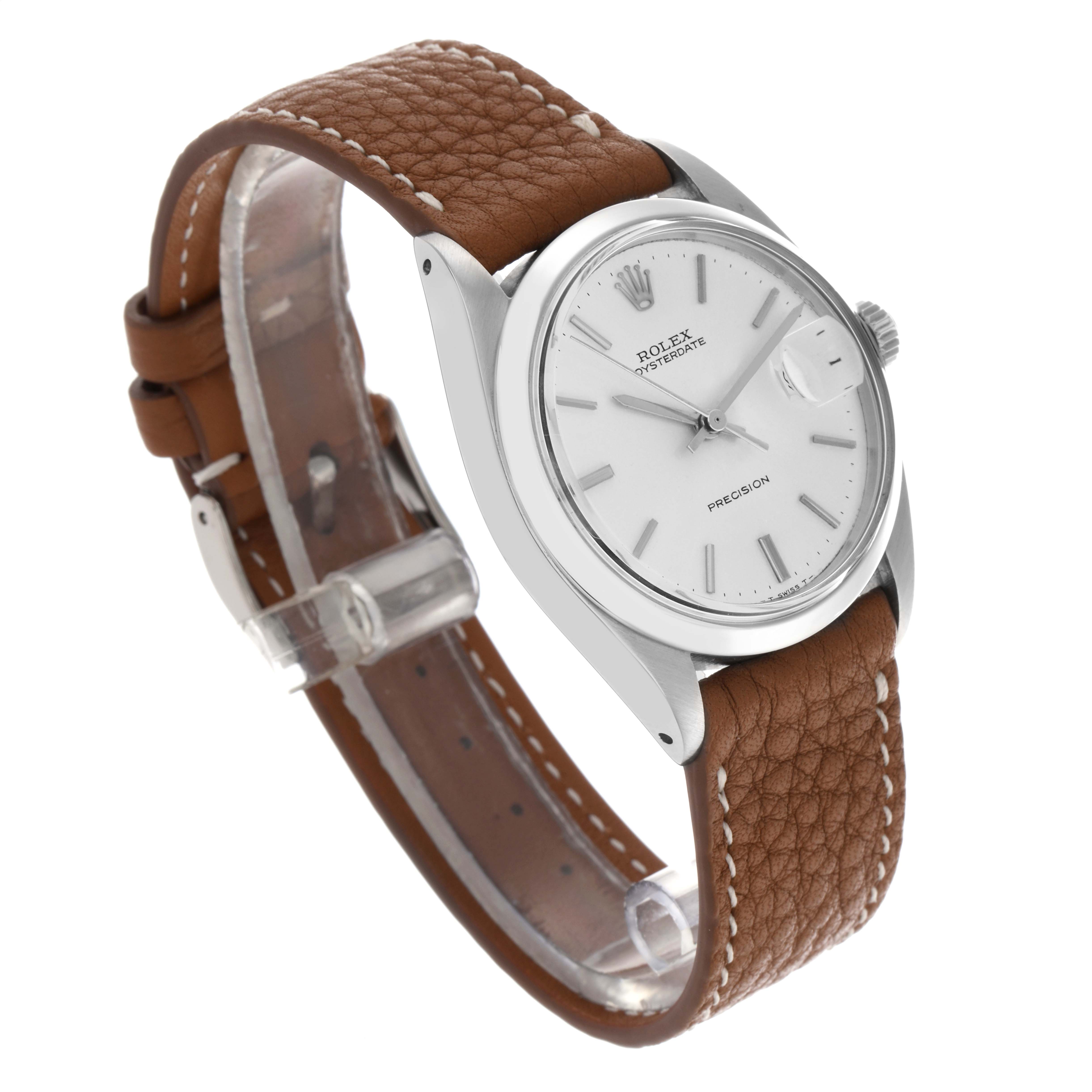 The Rolex Vintage Collection 6694 Men
s Stainless Steel Silver Dial 6694 Men
s Stainless Steel Silver Dial watch is shown at a three-quarter angle, highlighting its face, bezel, crown, and leather strap.