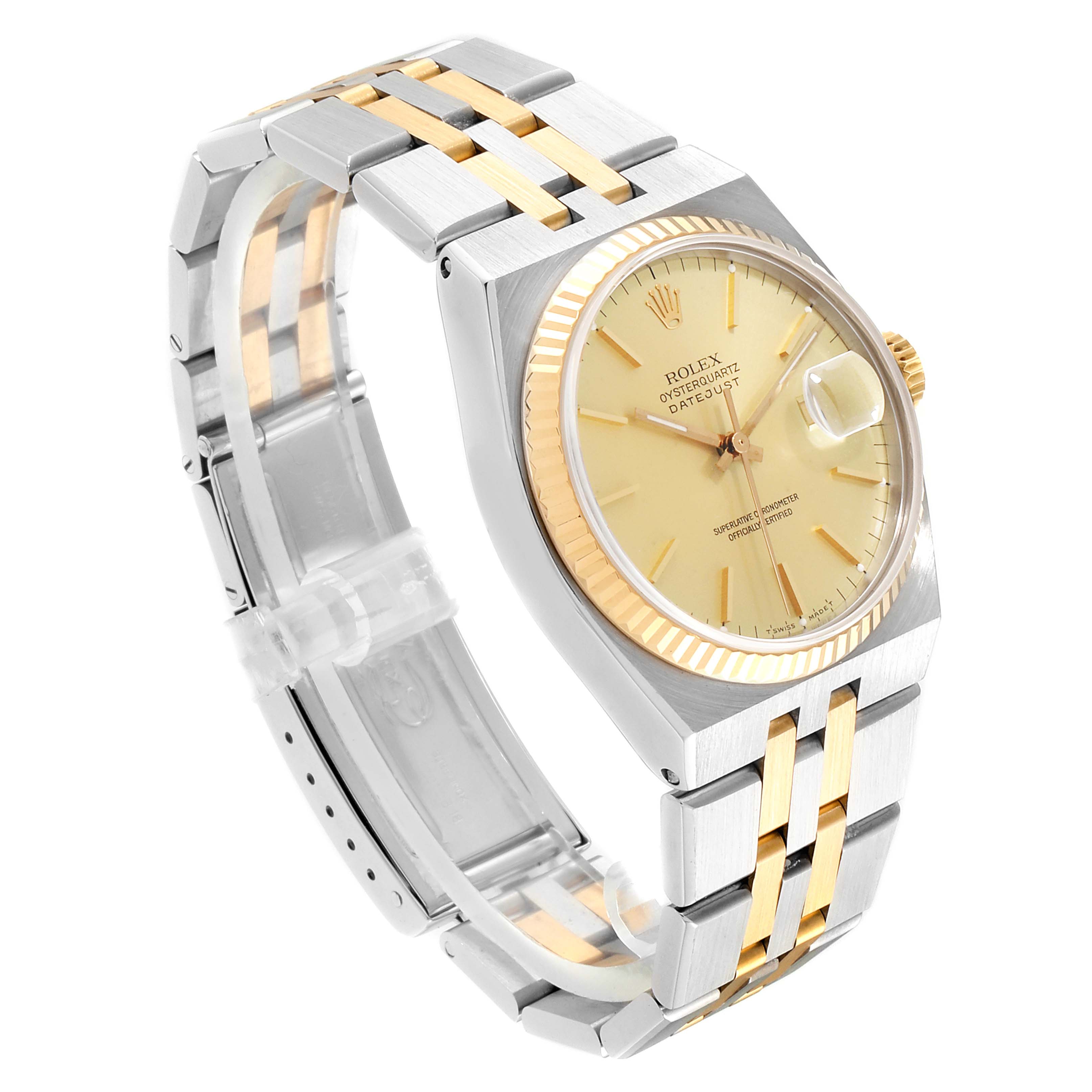 This image shows a Rolex Oysterquartz 17013 Men
s Steel and Gold (two tone) Champagne Dial 17013 Men
s Steel and Gold (two tone) Champagne Dial watch at a three-quarter angle, highlighting the dial, bezel, and two-tone bracelet.