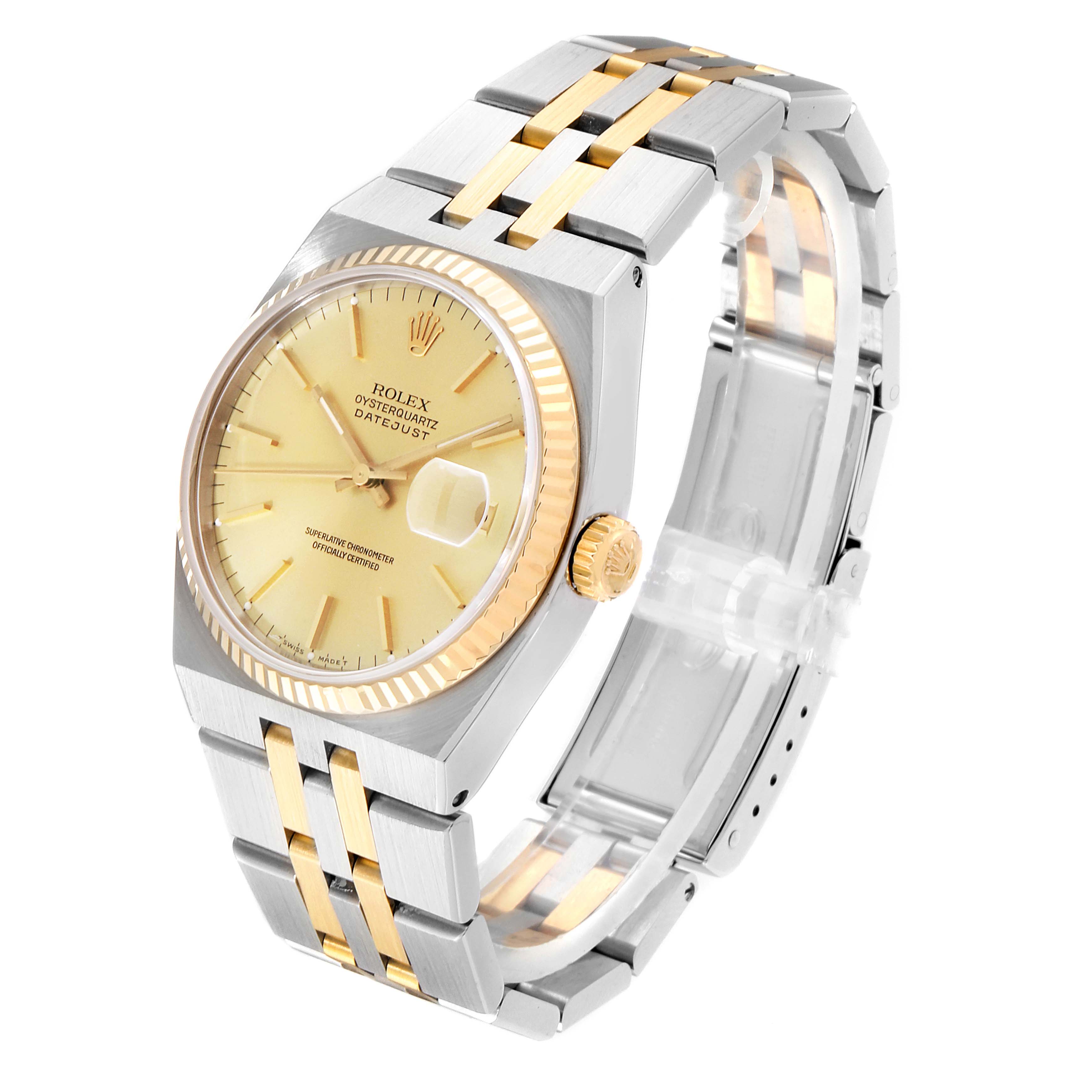 The image shows a Rolex Oysterquartz 17013 Men
s Steel and Gold (two tone) Champagne Dial 17013 Men
s Steel and Gold (two tone) Champagne Dial watch angled to display the dial, bezel, crown, and part of the bracelet.
