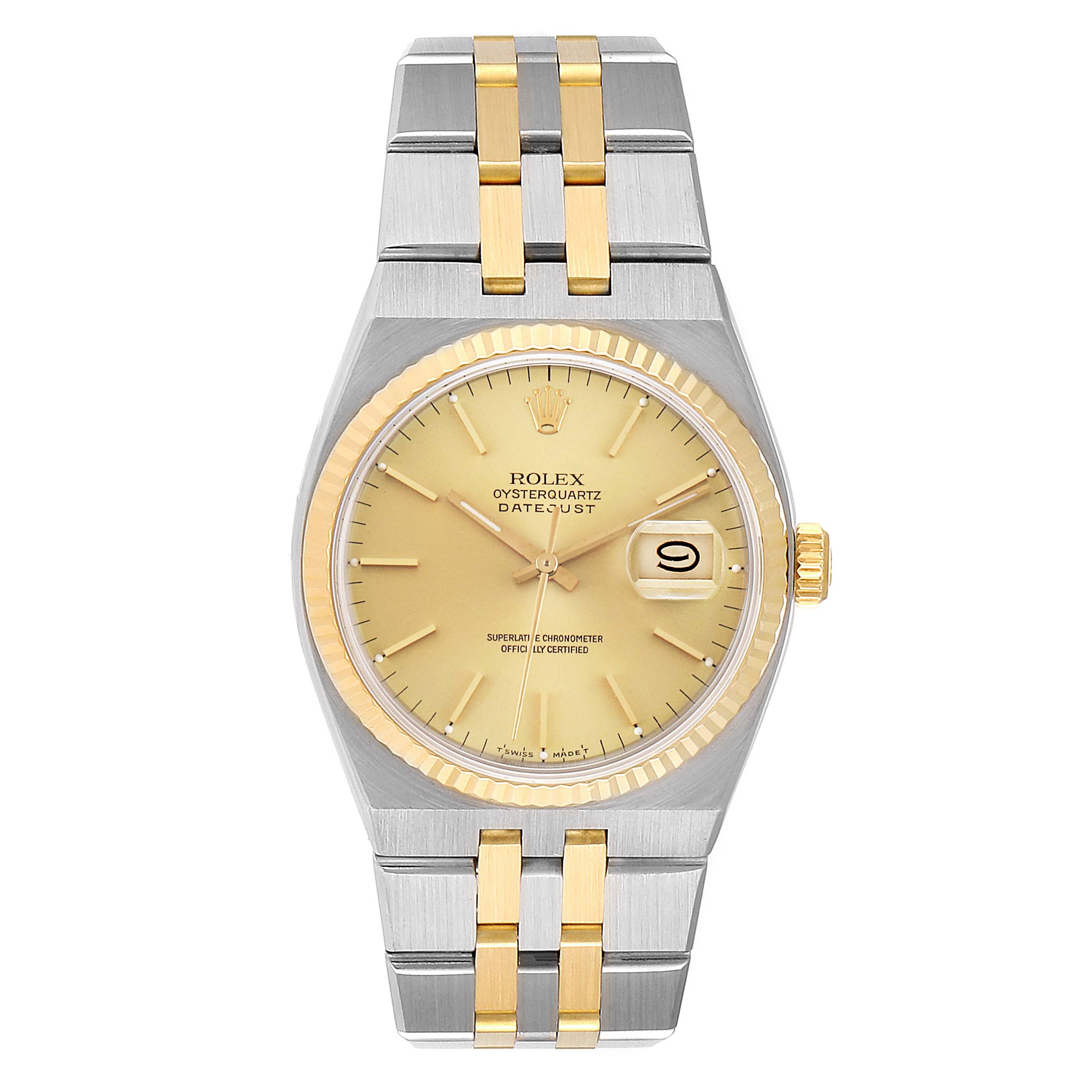 The image shows a frontal view of a Rolex Oysterquartz 17013 Men
s Steel and Gold (two tone) Champagne Dial 17013 Men
s Steel and Gold (two tone) Champagne Dial Datejust watch with a metallic and gold strap.