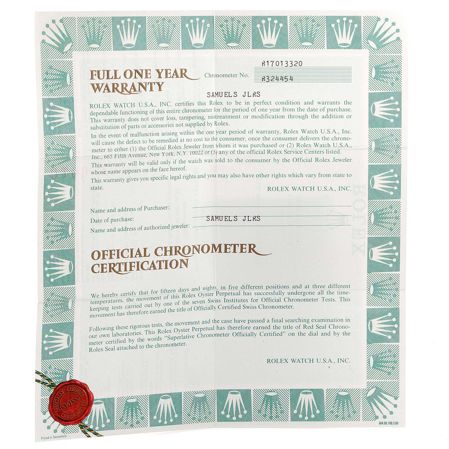 The image shows the warranty and certification document for a Rolex Oysterquartz 17013 Men
s Steel and Gold (two tone) Champagne Dial 17013 Men
s Steel and Gold (two tone) Champagne Dial watch.