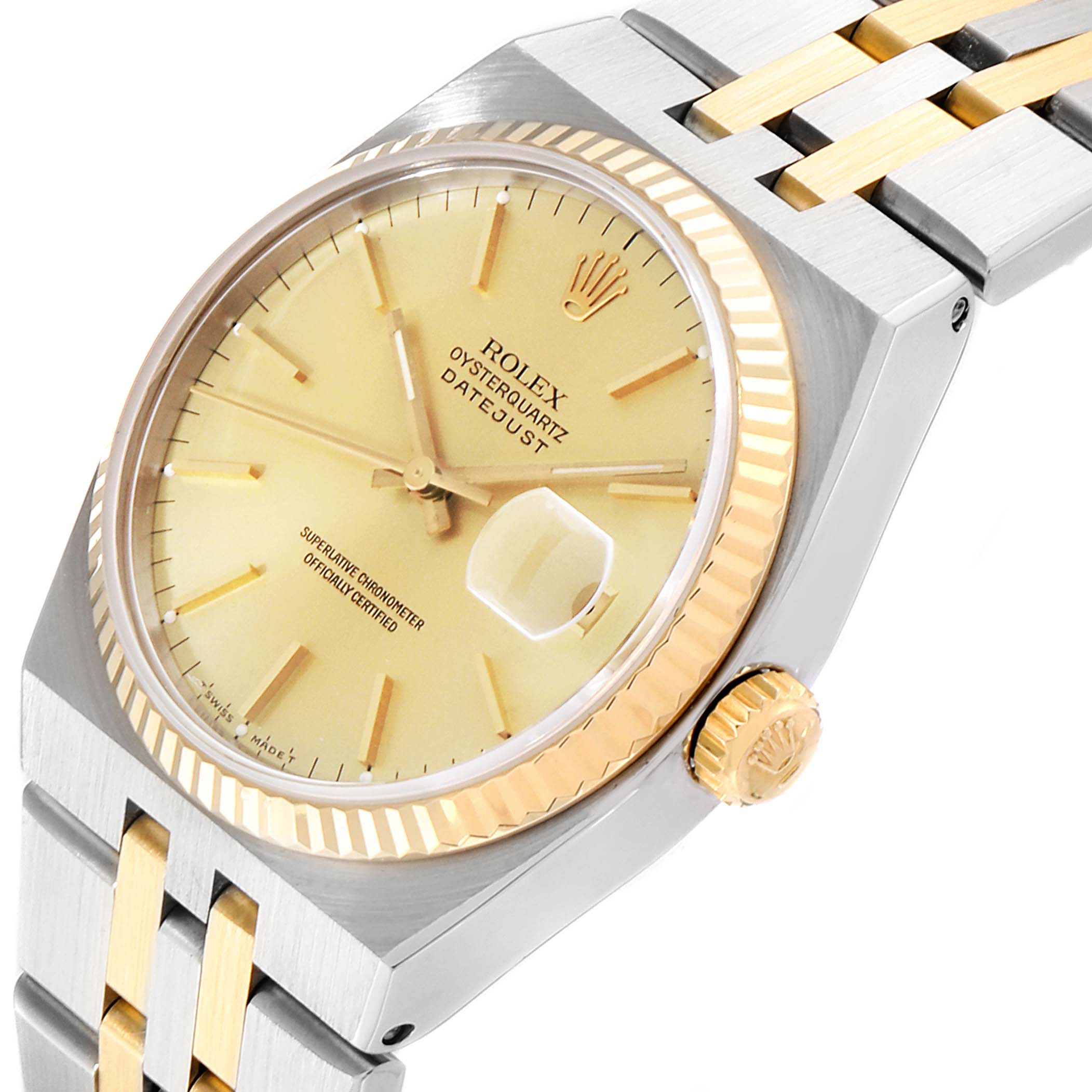The image shows a close-up angle of a Rolex Oysterquartz 17013 Men
s Steel and Gold (two tone) Champagne Dial 17013 Men
s Steel and Gold (two tone) Champagne Dial watch, highlighting the dial, bezel, crown, and bracelet. 