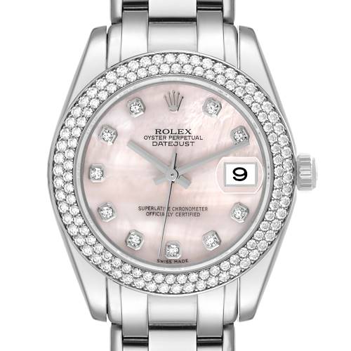 The Rolex Pearlmaster watch is shown from a front angle, displaying the face, bezel, and part of the bracelet.