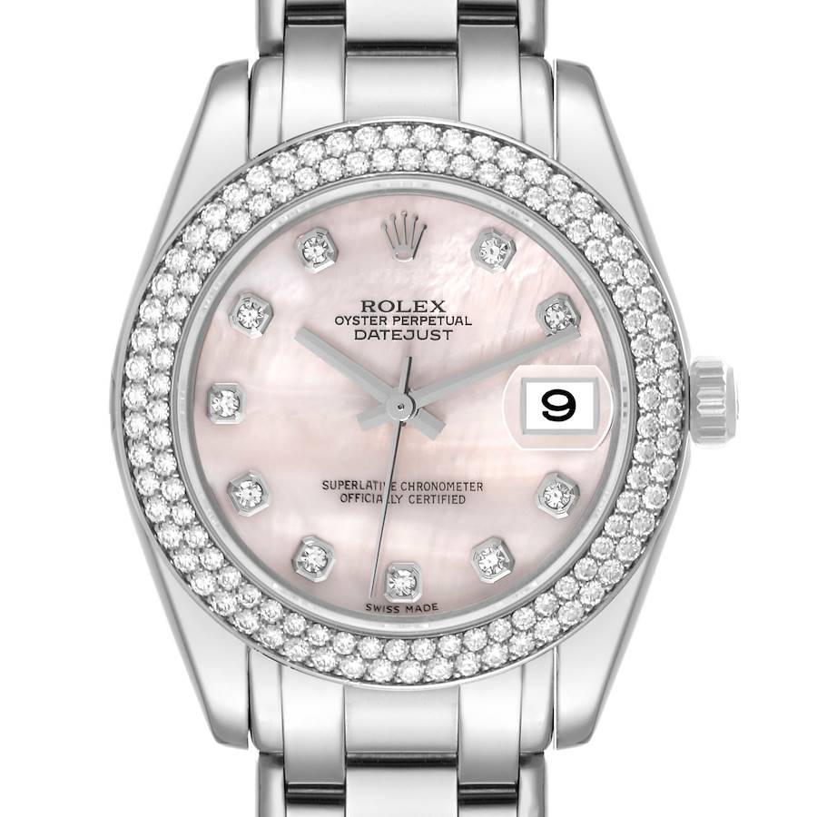 The Rolex Pearlmaster watch is shown from the front, highlighting the bezel, dial, date window, and part of the bracelet.