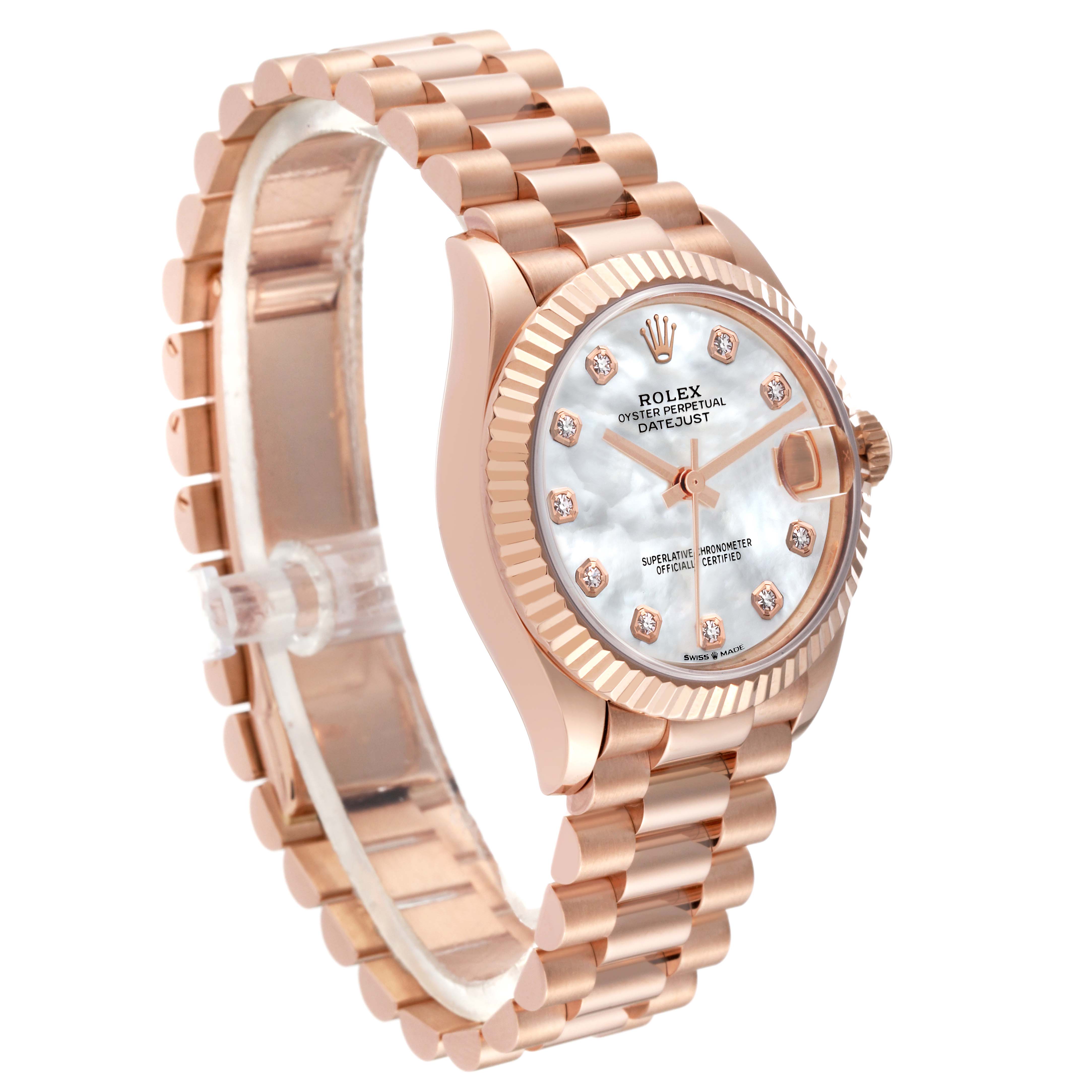 The Rolex President 278275 Women's Rose Gold Mother of Pearl Dial 278275 Women's Rose Gold Mother of Pearl Dial model watch is displayed at a three-quarter angle, showing the face, bezel, crown, and band.