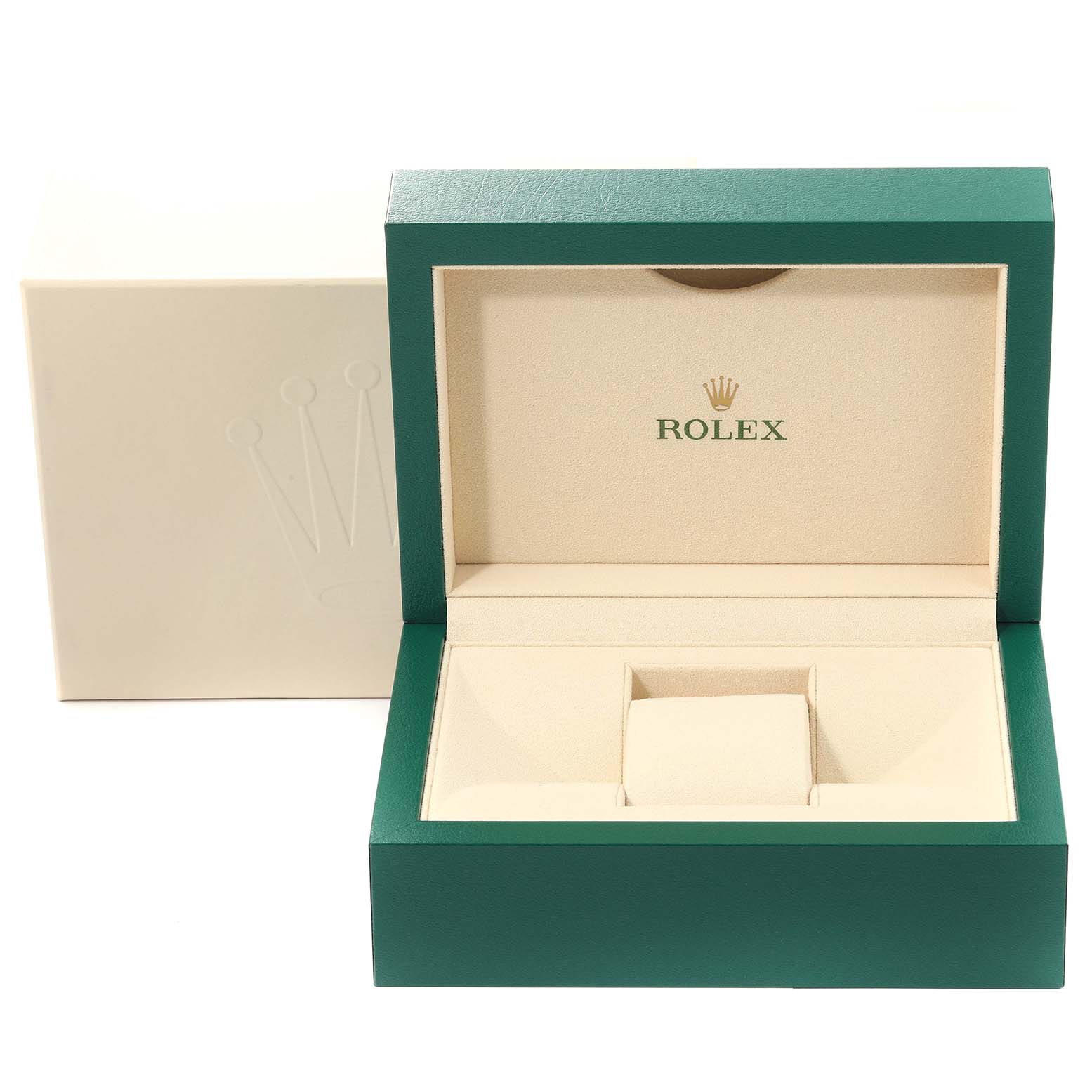 This image shows an open Rolex President 278275 Women's Rose Gold Mother of Pearl Dial 278275 Women's Rose Gold Mother of Pearl Dial model watch box in green and beige, with the Rolex logo inside.