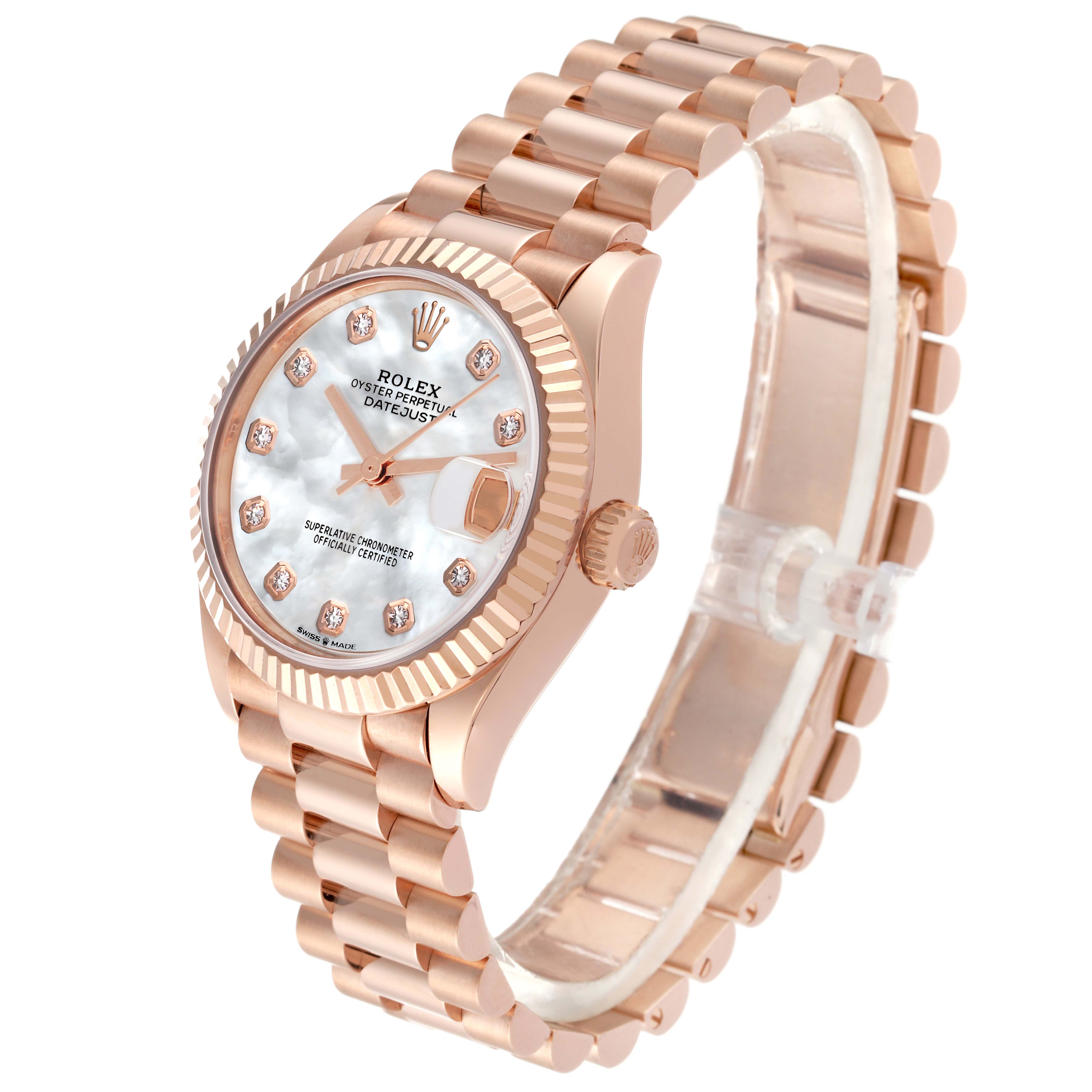 The Rolex President 278275 Women's Rose Gold Mother of Pearl Dial 278275 Women's Rose Gold Mother of Pearl Dial model watch is shown at a three-quarters angle, displaying the face, bezel, crown, and bracelet.