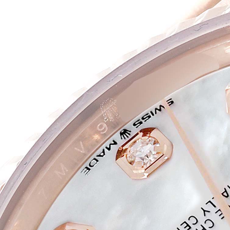 The image shows a close-up of the dial and outer rim of a Rolex President 278275 Women's Rose Gold Mother of Pearl Dial 278275 Women's Rose Gold Mother of Pearl Dial model watch, highlighting the "Swiss Made" text and diamond markers.