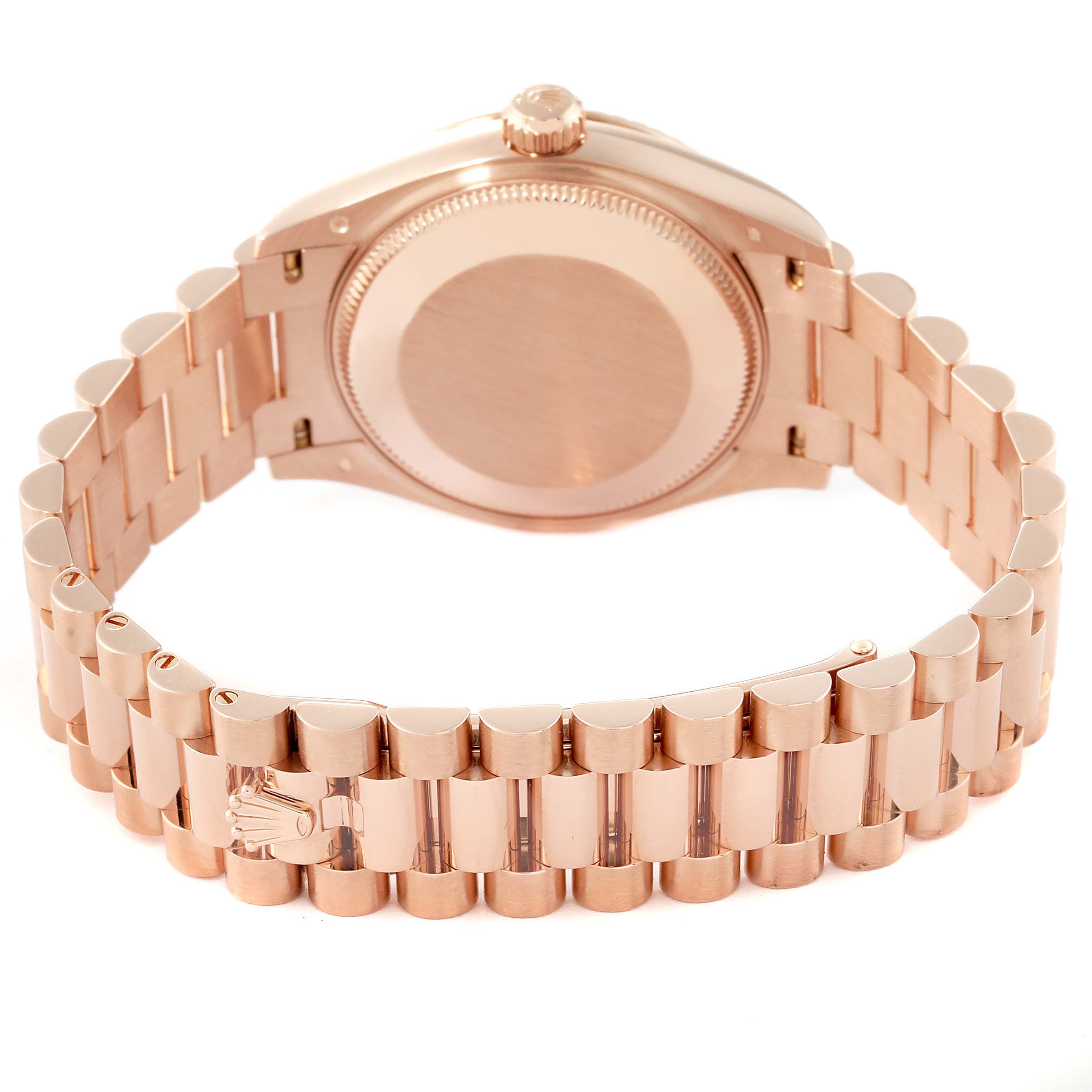 The image shows the back view of a Rolex President 278275 Women's Rose Gold Mother of Pearl Dial 278275 Women's Rose Gold Mother of Pearl Dial model watch, highlighting its bracelet and case back.