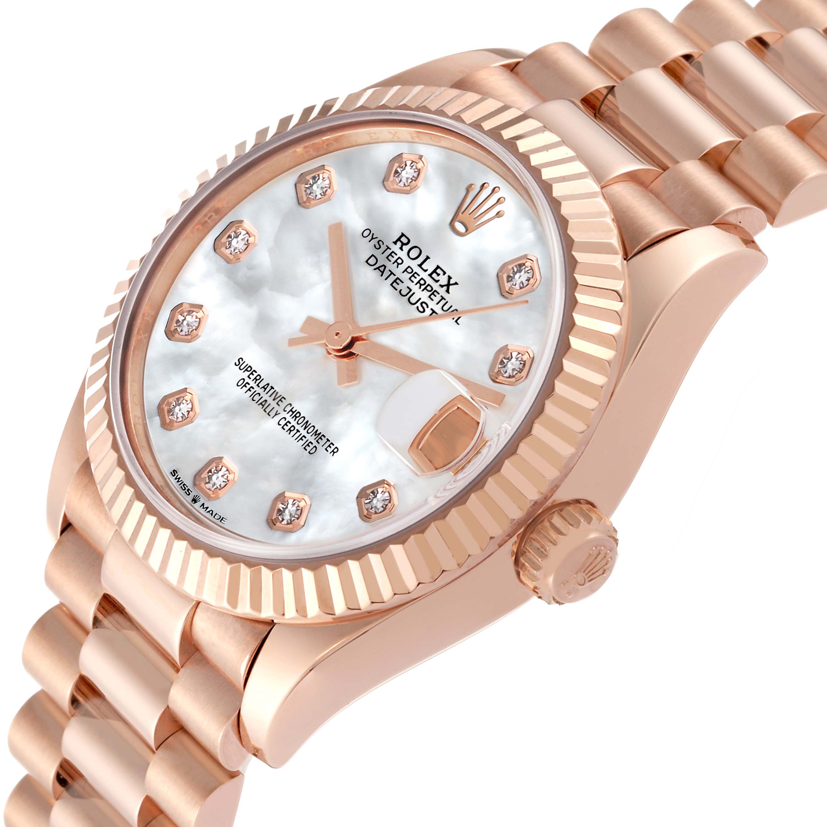 This Rolex President 278275 Women's Rose Gold Mother of Pearl Dial 278275 Women's Rose Gold Mother of Pearl Dial model watch image shows an angled view highlighting the dial, bezel, crown, and bracelet.