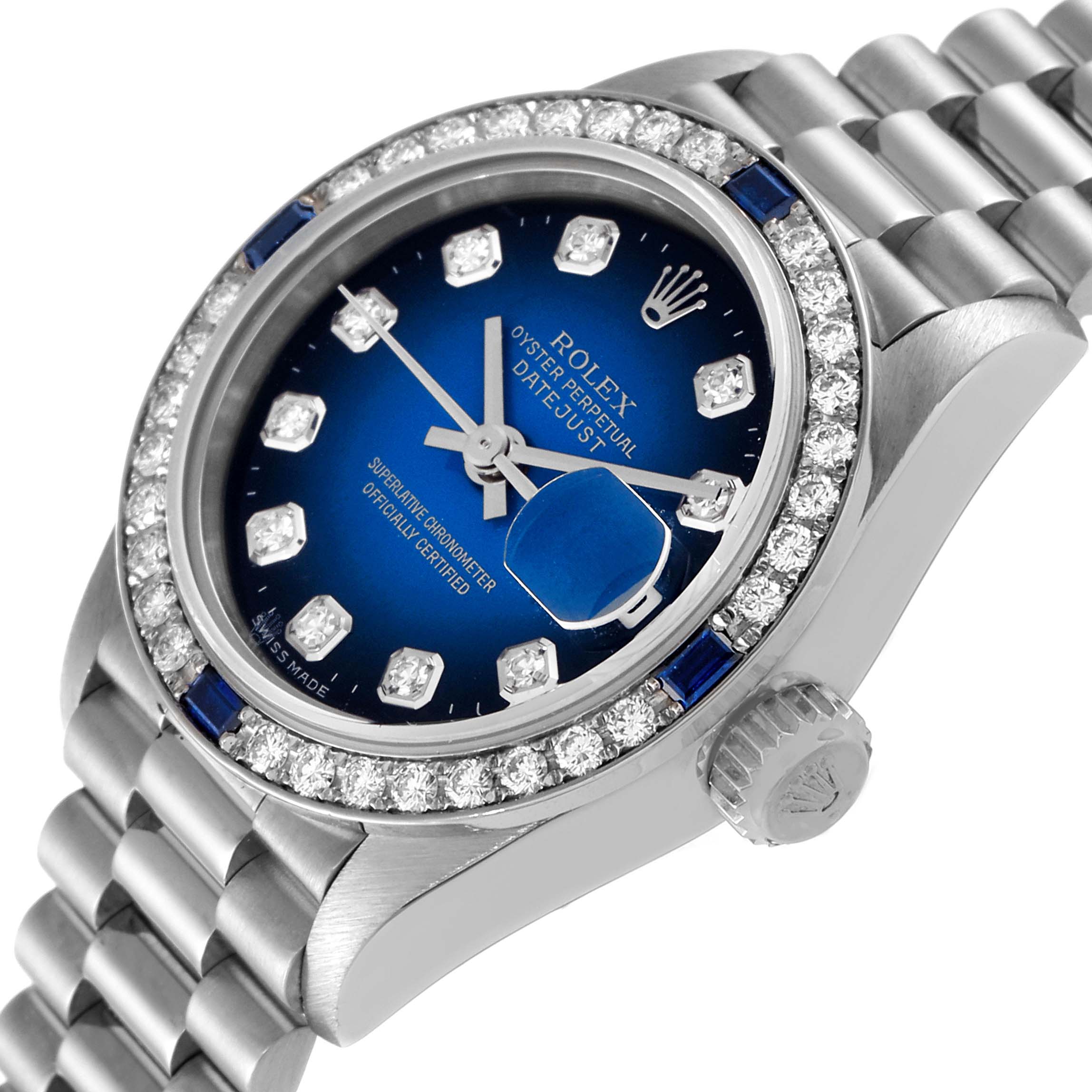 This image shows a close-up view from an angled perspective of the Rolex President 79089 Women's White Gold Blue Dial 79089 Women's White Gold Blue Dial model watch, highlighting its face, bezel, and crown.