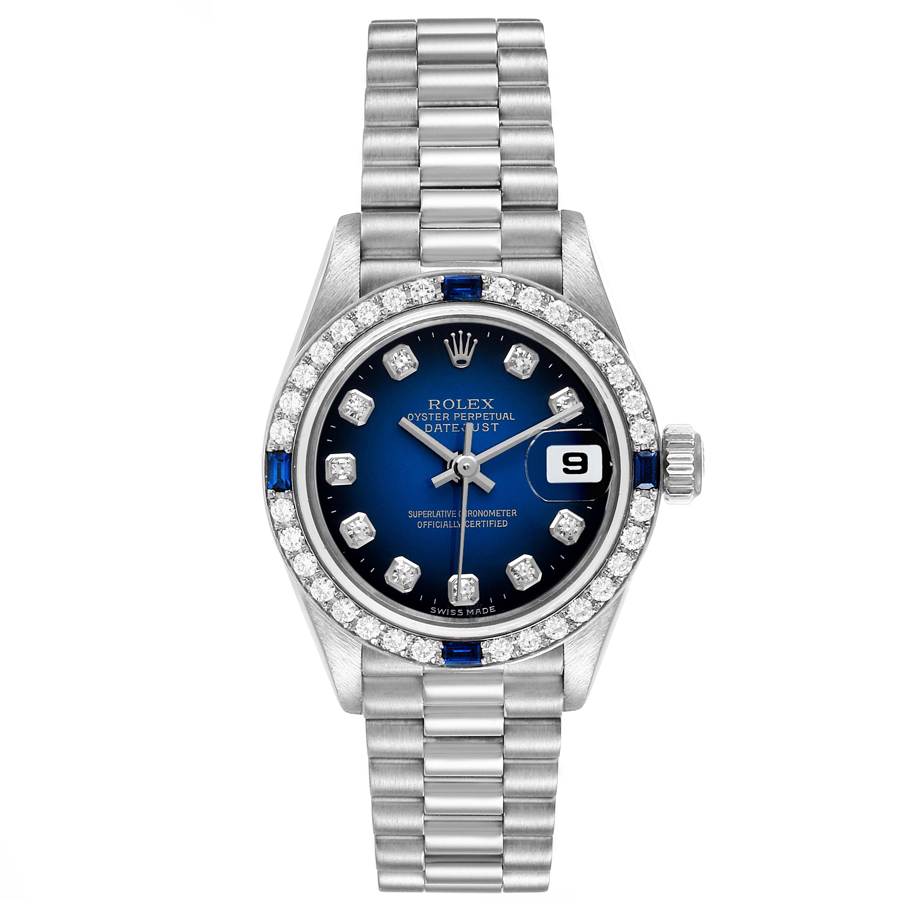 This is a Rolex President 79089 Women's White Gold Blue Dial 79089 Women's White Gold Blue Dial model watch showcased from a front angle, displaying the face, bezel, and bracelet fully.