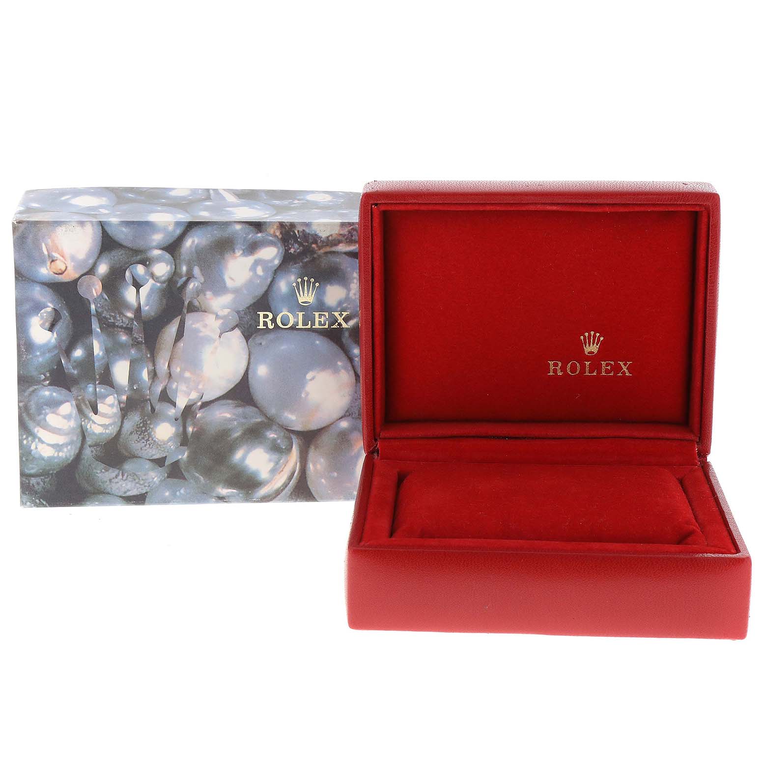 The image shows the presentation box of a Rolex President 79089 Women's White Gold Blue Dial 79089 Women's White Gold Blue Dial model watch, with the outer box and inner red velvet box displayed.