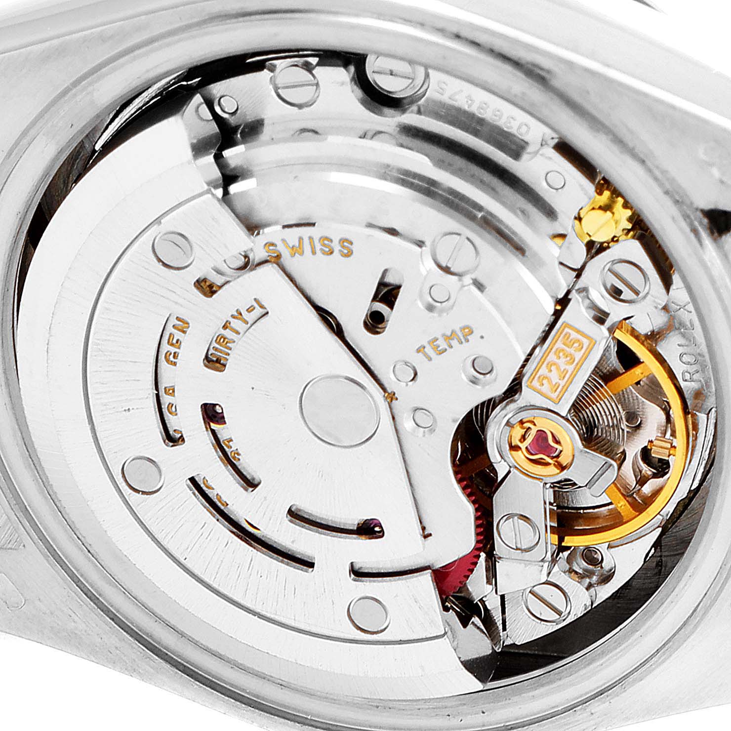 This image shows the intricate internal movement of a Rolex President 79089 Women's White Gold Blue Dial 79089 Women's White Gold Blue Dial model watch from a close-up angle.