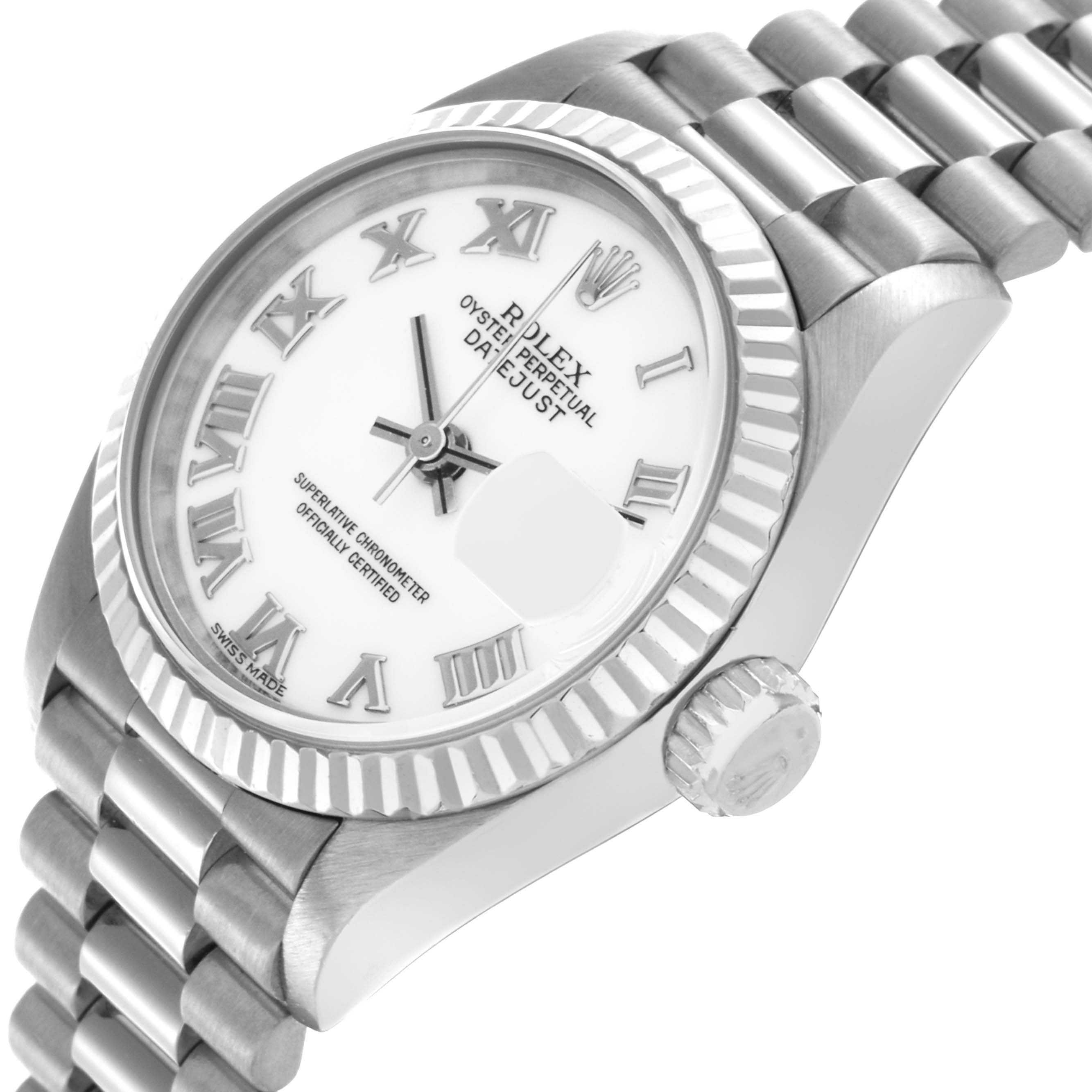 The Rolex President 69179 Women
s White Gold White Dial 69179 Women
s White Gold White Dial model watch is shown at an angled side view, highlighting the bezel, crown, and part of the bracelet.