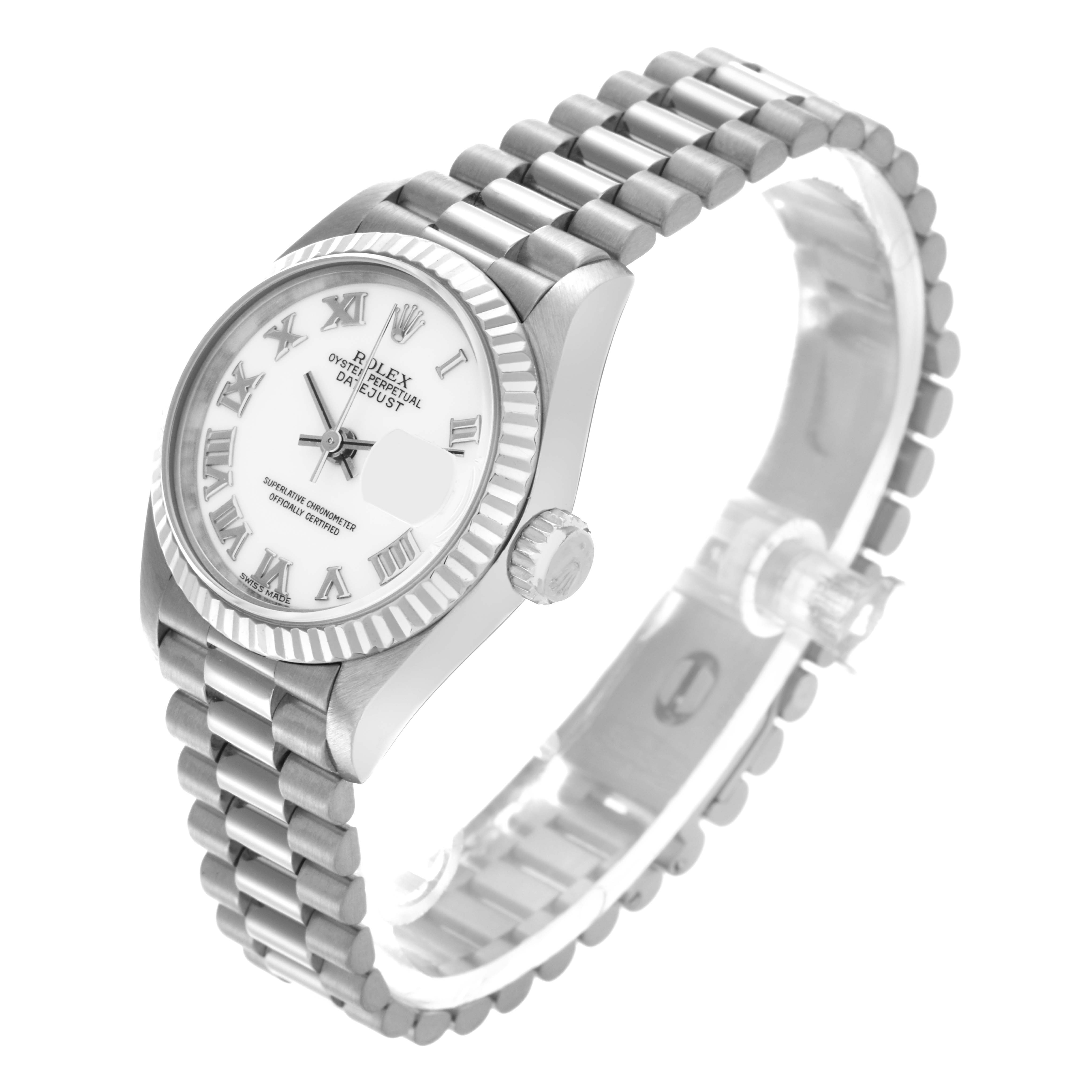 The Rolex President 69179 Women
s White Gold White Dial 69179 Women
s White Gold White Dial model is shown at a tilted angle, displaying the dial, fluted bezel, crown, and full bracelet.