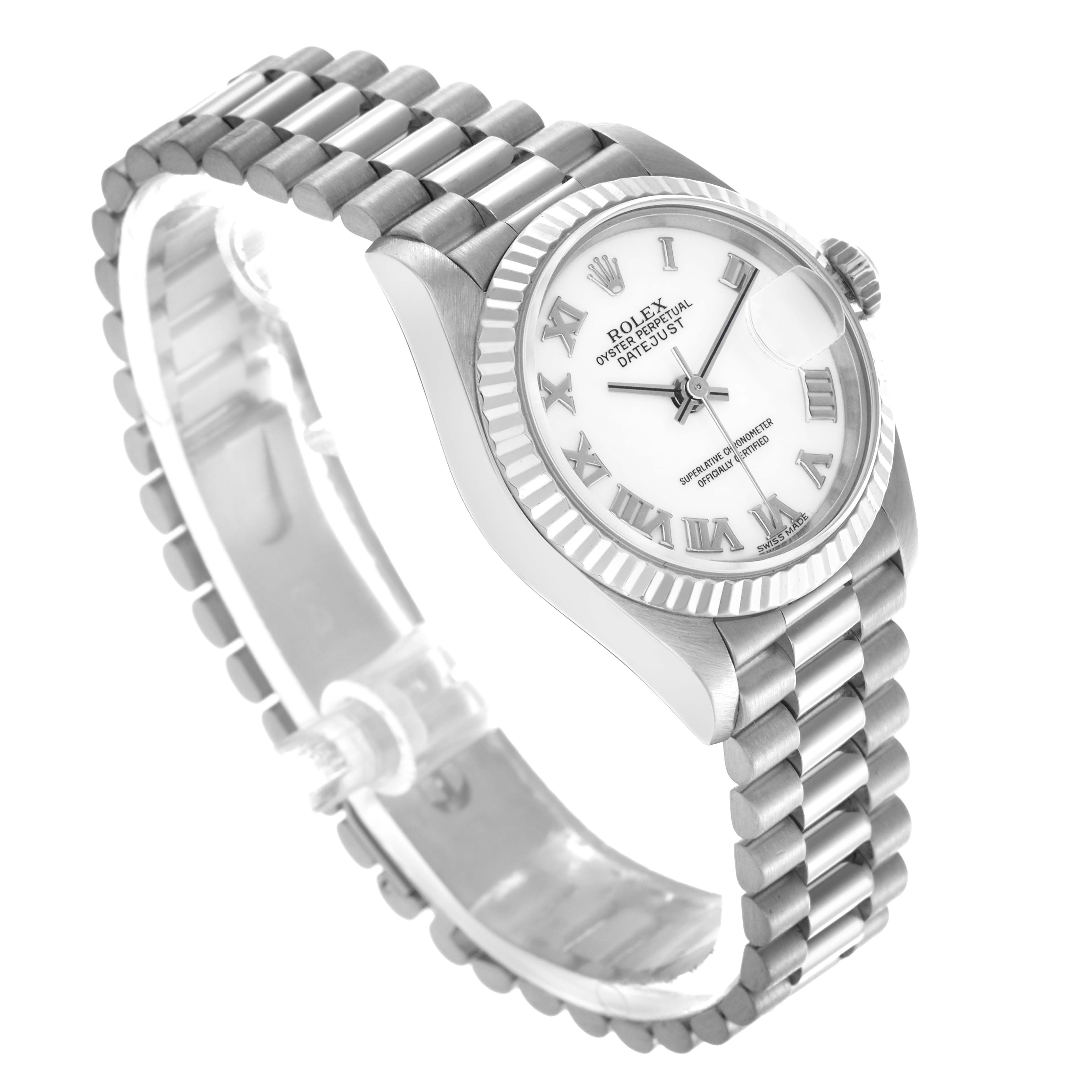 The Rolex President 69179 Women
s White Gold White Dial 69179 Women
s White Gold White Dial model watch is shown at a slight three-quarter angle, highlighting the white dial, fluted bezel, and bracelet.