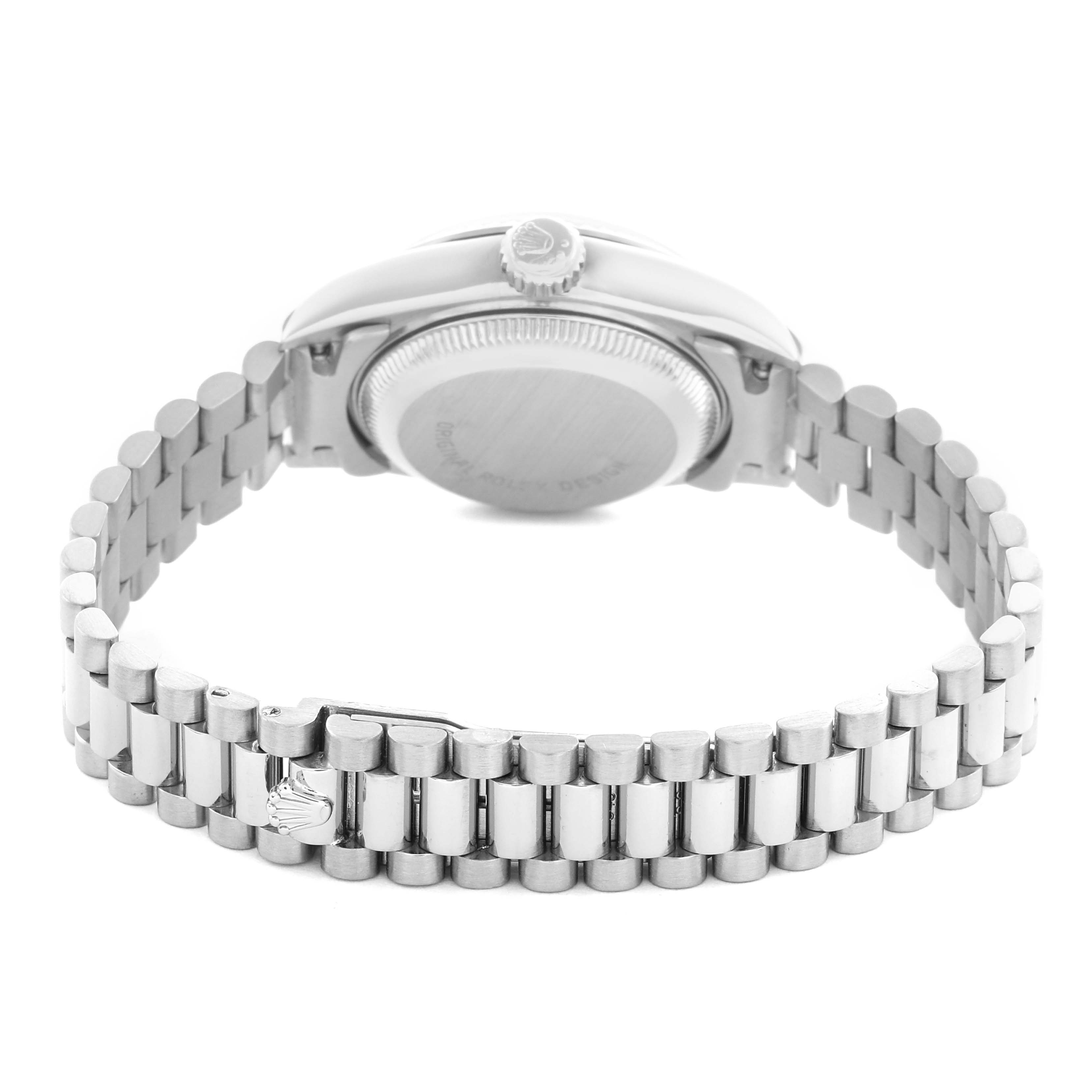 The image shows the back and side view of a Rolex President 69179 Women
s White Gold White Dial 69179 Women
s White Gold White Dial watch, highlighting the bracelet and case back.