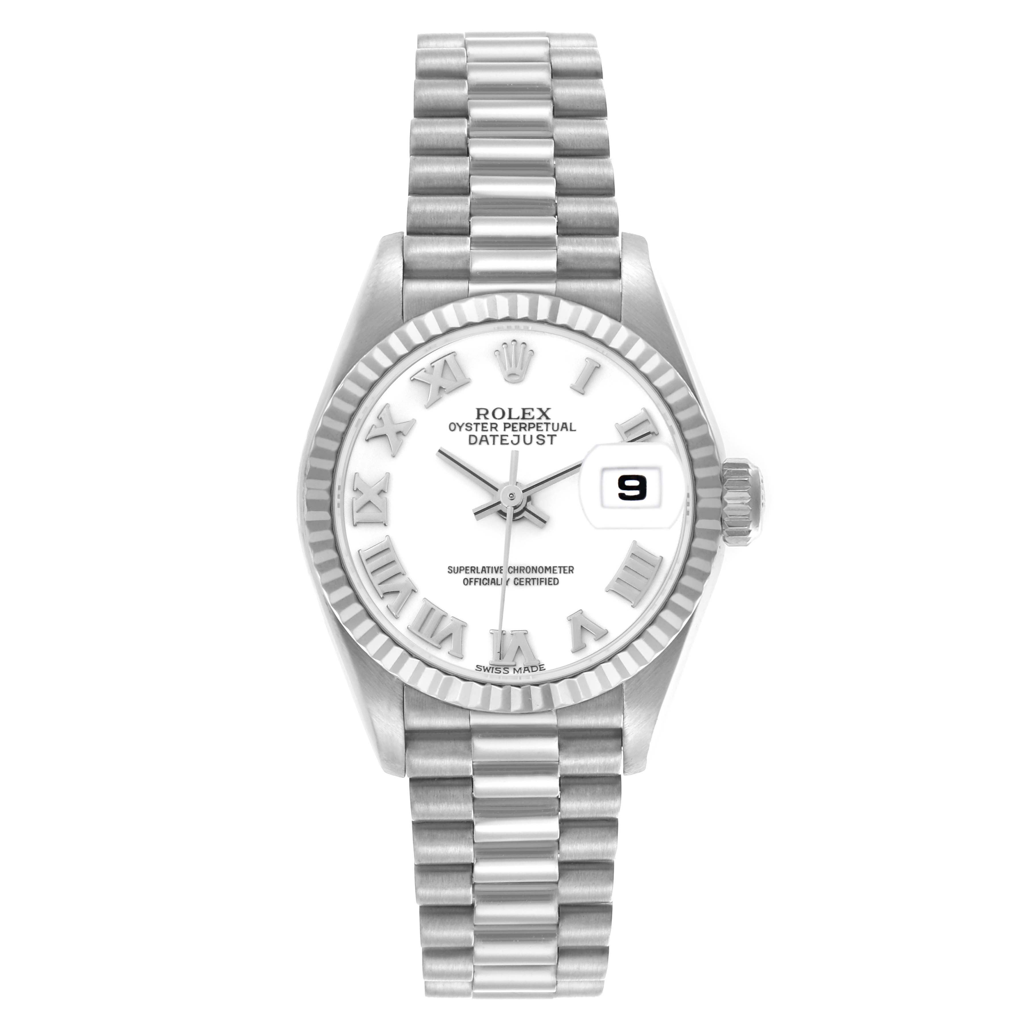 The Rolex President 69179 Women
s White Gold White Dial 69179 Women
s White Gold White Dial model is shown from a top-down angle, highlighting the dial, bezel, bracelet, and crown.