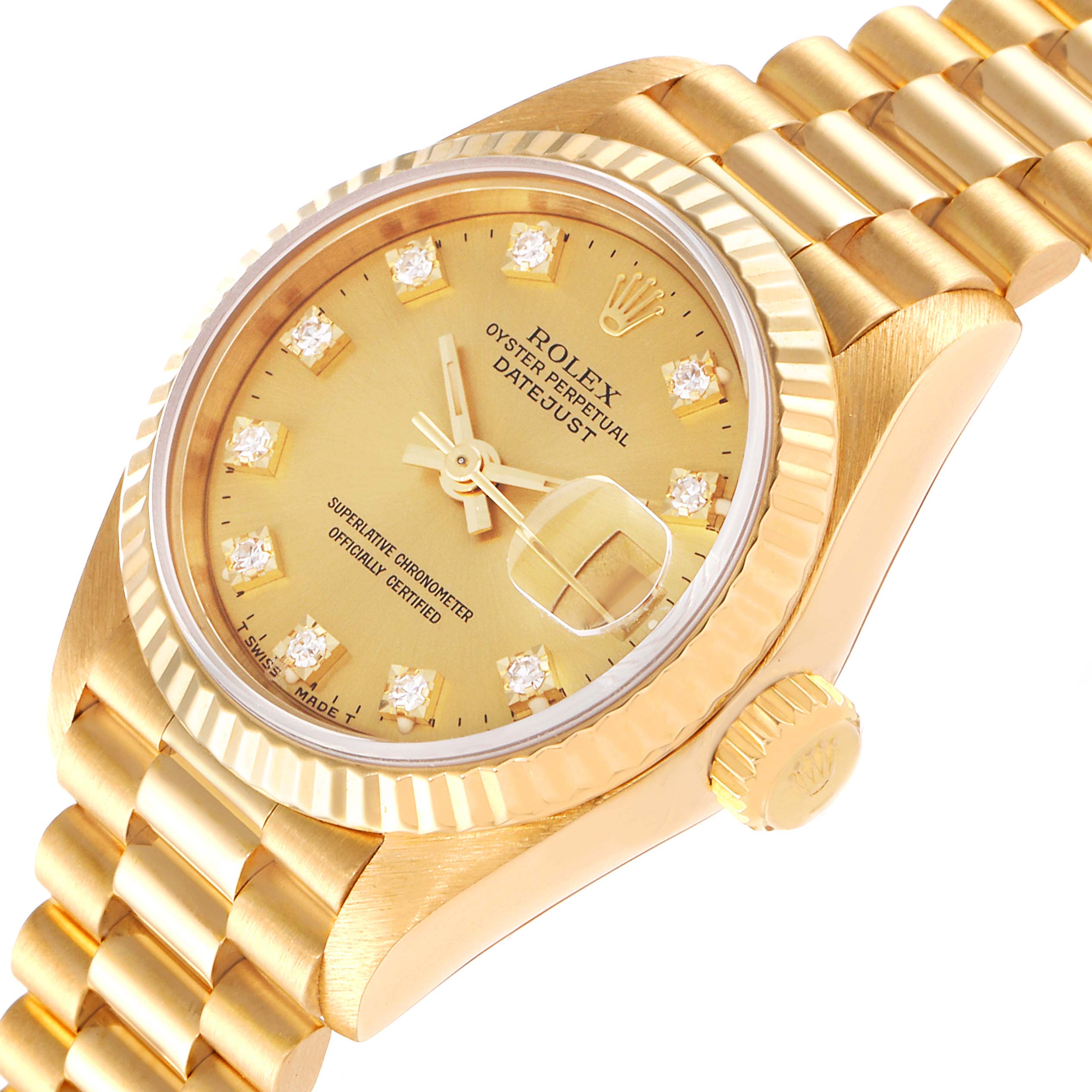 This Rolex President 69178 Women
s Yellow Gold Champagne Dial 69178 Women
s Yellow Gold Champagne Dial model watch is shown from an angled view, highlighting its gold dial, fluted bezel, and bracelet.