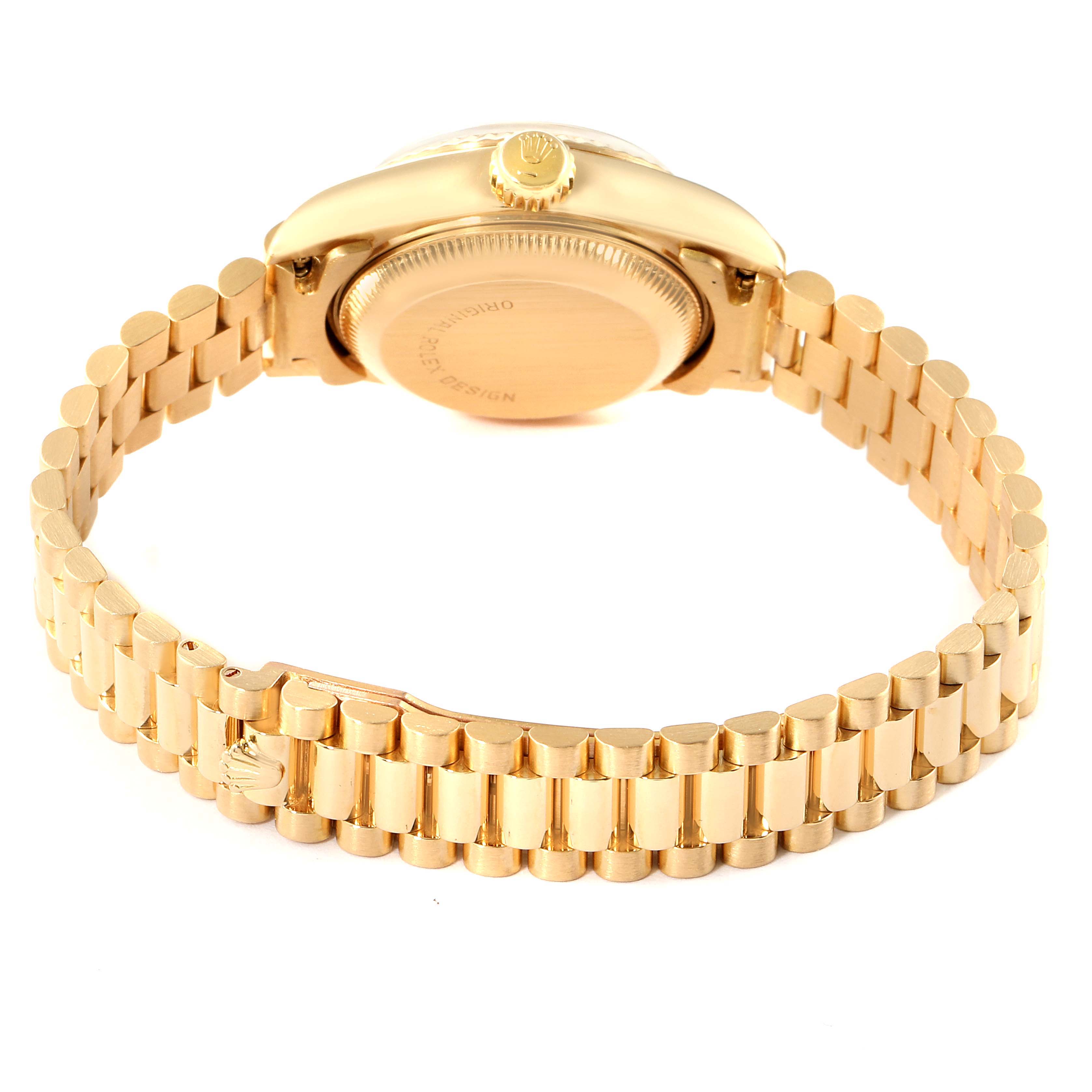 The image shows the back and bracelet of the Rolex President 69178 Women
s Yellow Gold Champagne Dial 69178 Women
s Yellow Gold Champagne Dial model watch, with focus on the case-back, crown, and clasp.