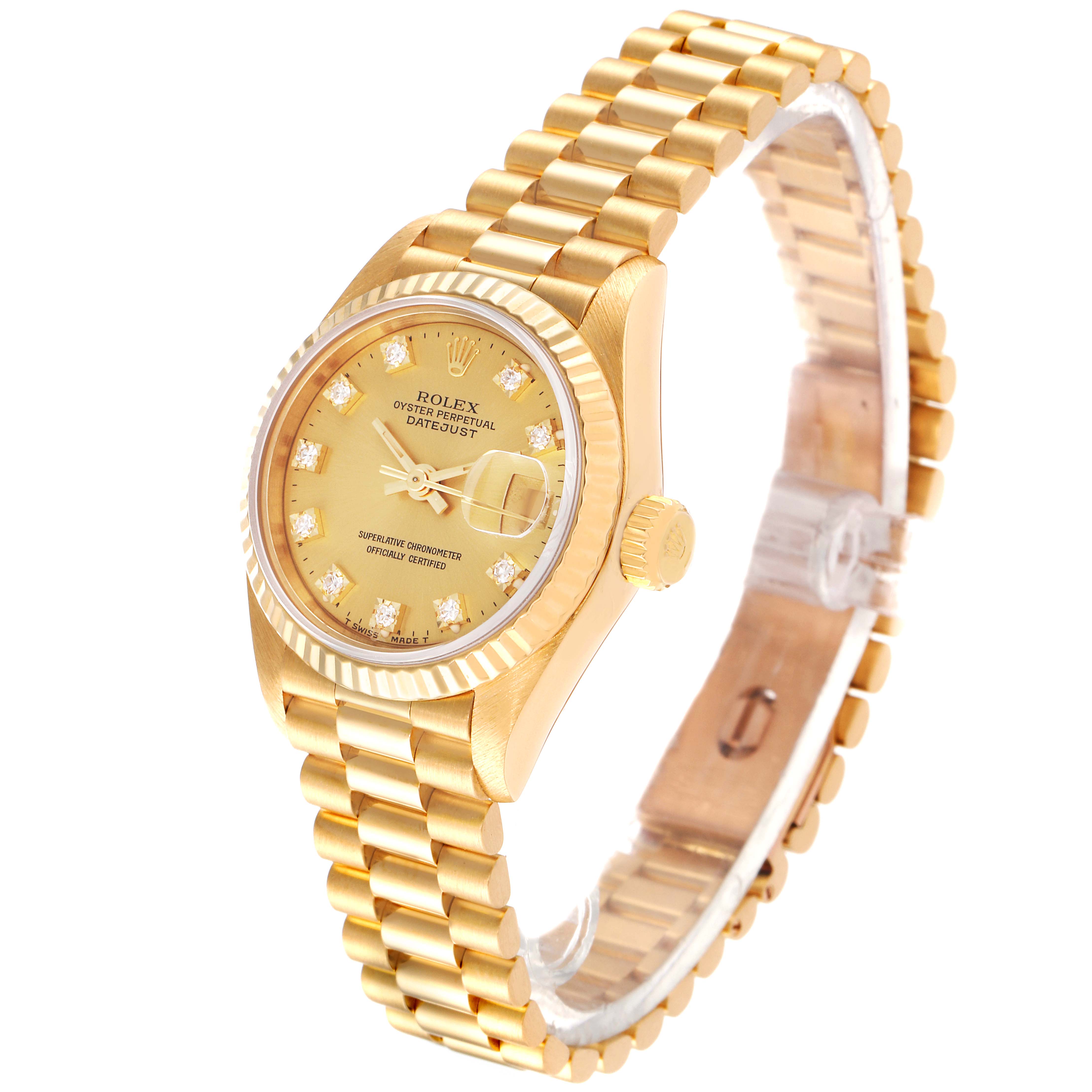 The image shows a Rolex President 69178 Women
s Yellow Gold Champagne Dial 69178 Women
s Yellow Gold Champagne Dial model watch at a three-quarter angle, displaying its gold case, bracelet, and diamond hour markers.