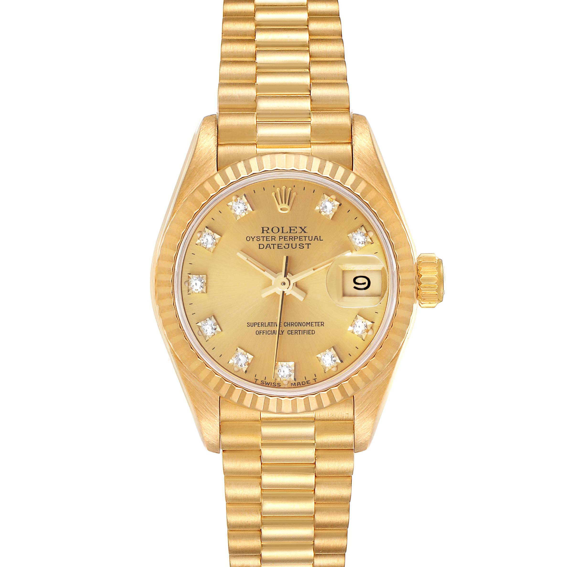 This image shows a front view of the Rolex President 69178 Women
s Yellow Gold Champagne Dial 69178 Women
s Yellow Gold Champagne Dial model watch, highlighting its dial, hour markers, date window, and bracelet.