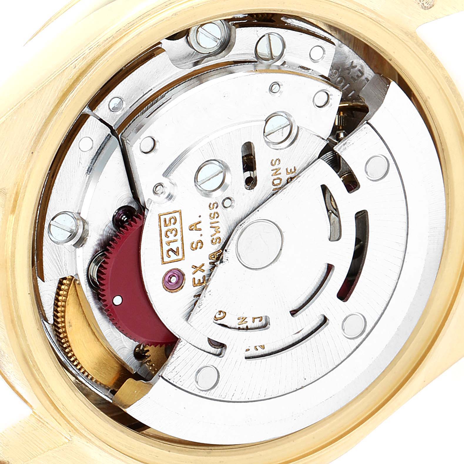 This image shows the internal movement mechanism of a Rolex President 69178 Women
s Yellow Gold Champagne Dial 69178 Women
s Yellow Gold Champagne Dial model watch from a top-down angle.