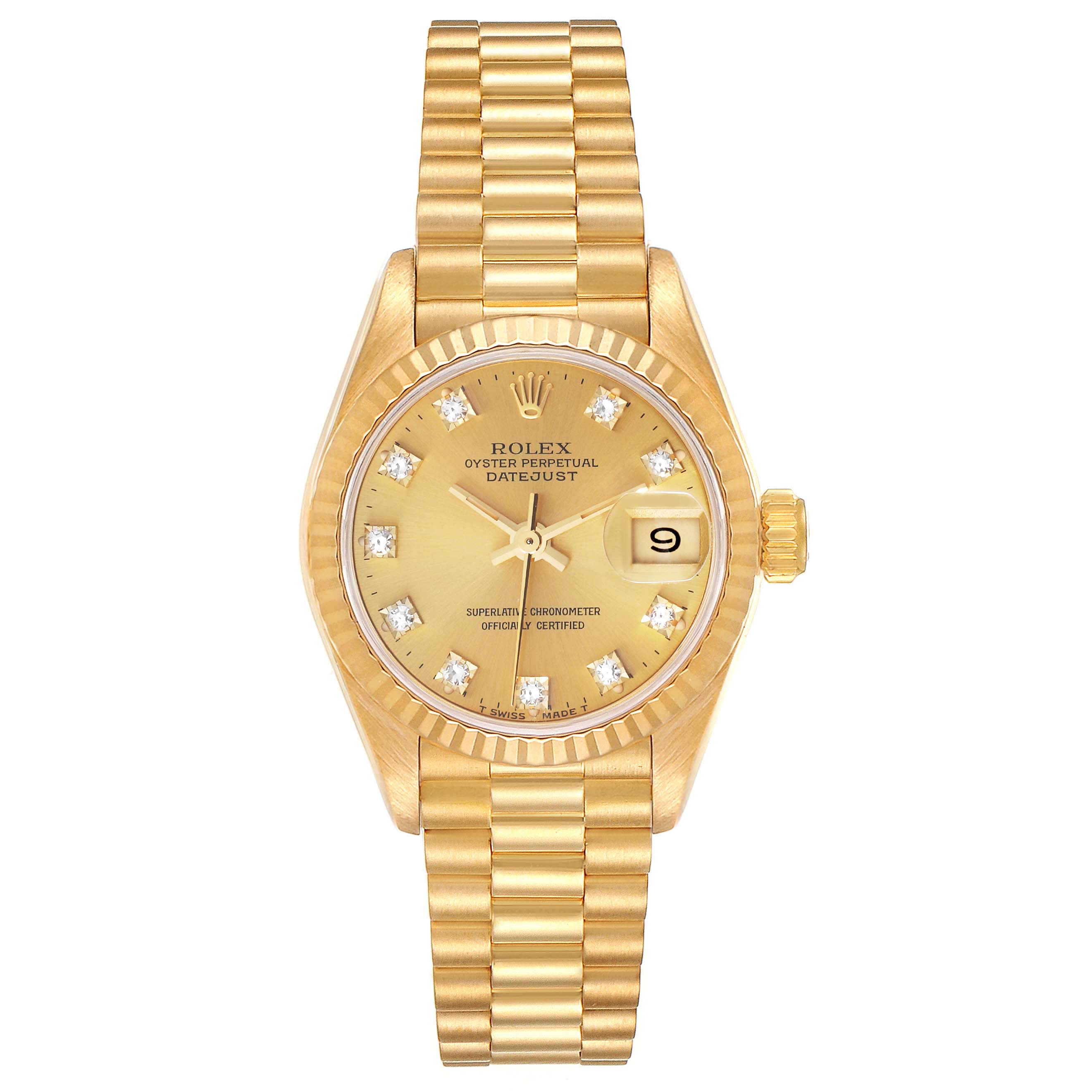 The image shows a Rolex President 69178 Women
s Yellow Gold Champagne Dial 69178 Women
s Yellow Gold Champagne Dial model watch from a front angle, featuring its golden bracelet, bezel, dial, hands, and date display.