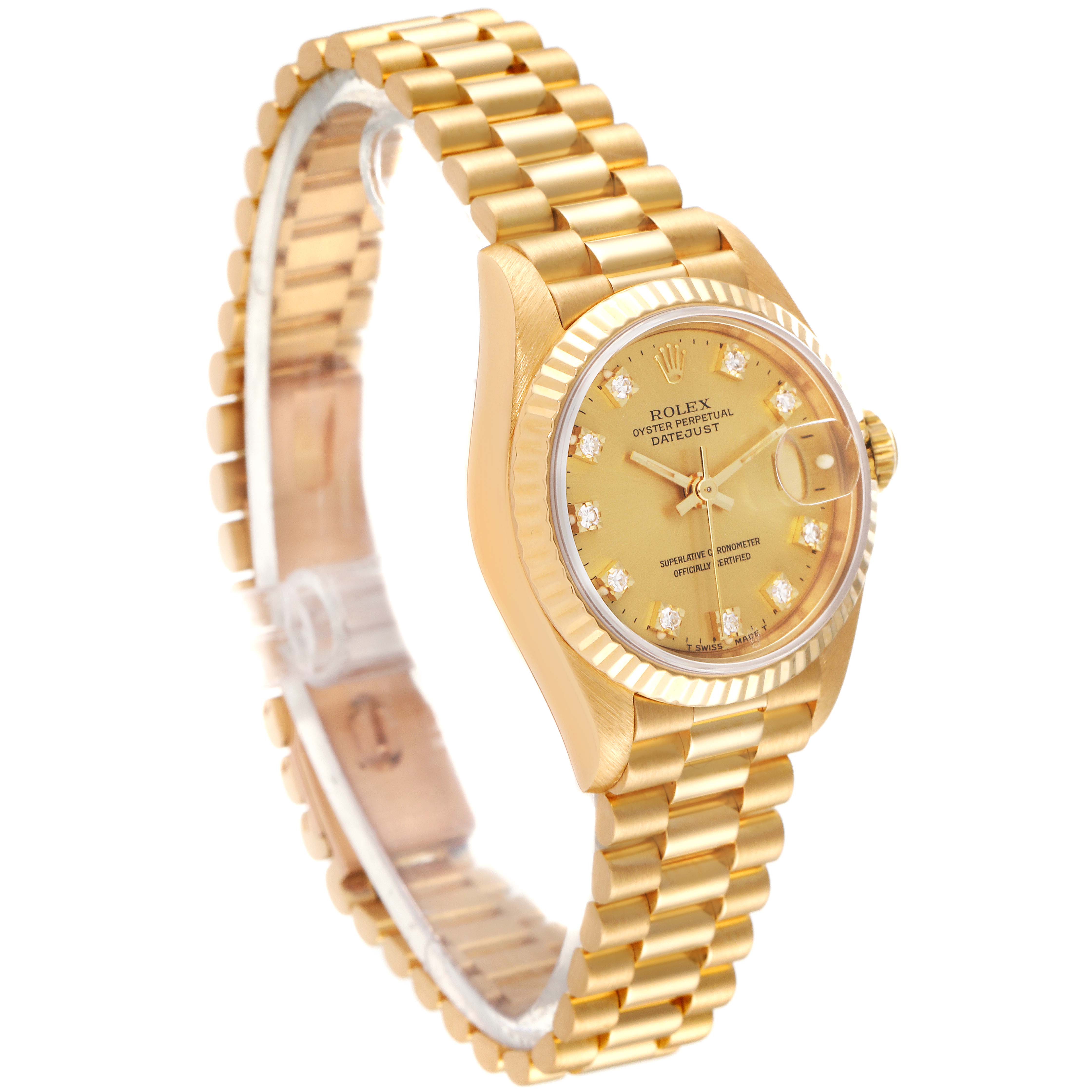 The image shows a gold Rolex President 69178 Women
s Yellow Gold Champagne Dial 69178 Women
s Yellow Gold Champagne Dial model watch at a slight angle, displaying the bracelet, dial, and crown.