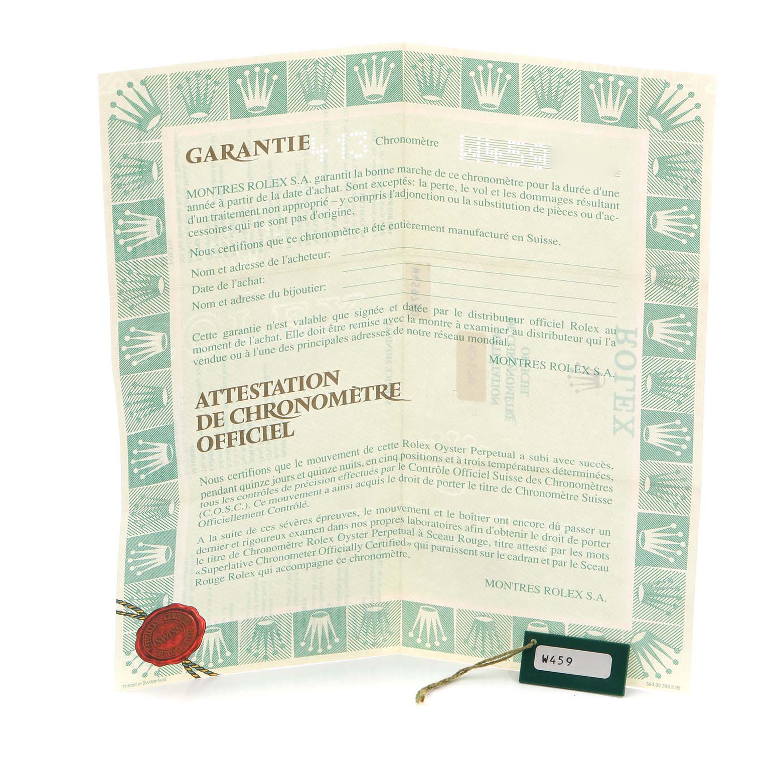 The image shows a Rolex President 69178 Women
s Yellow Gold Champagne Dial 69178 Women
s Yellow Gold Champagne Dial model warranty and official chronometer certificate, with a green border and red seal.