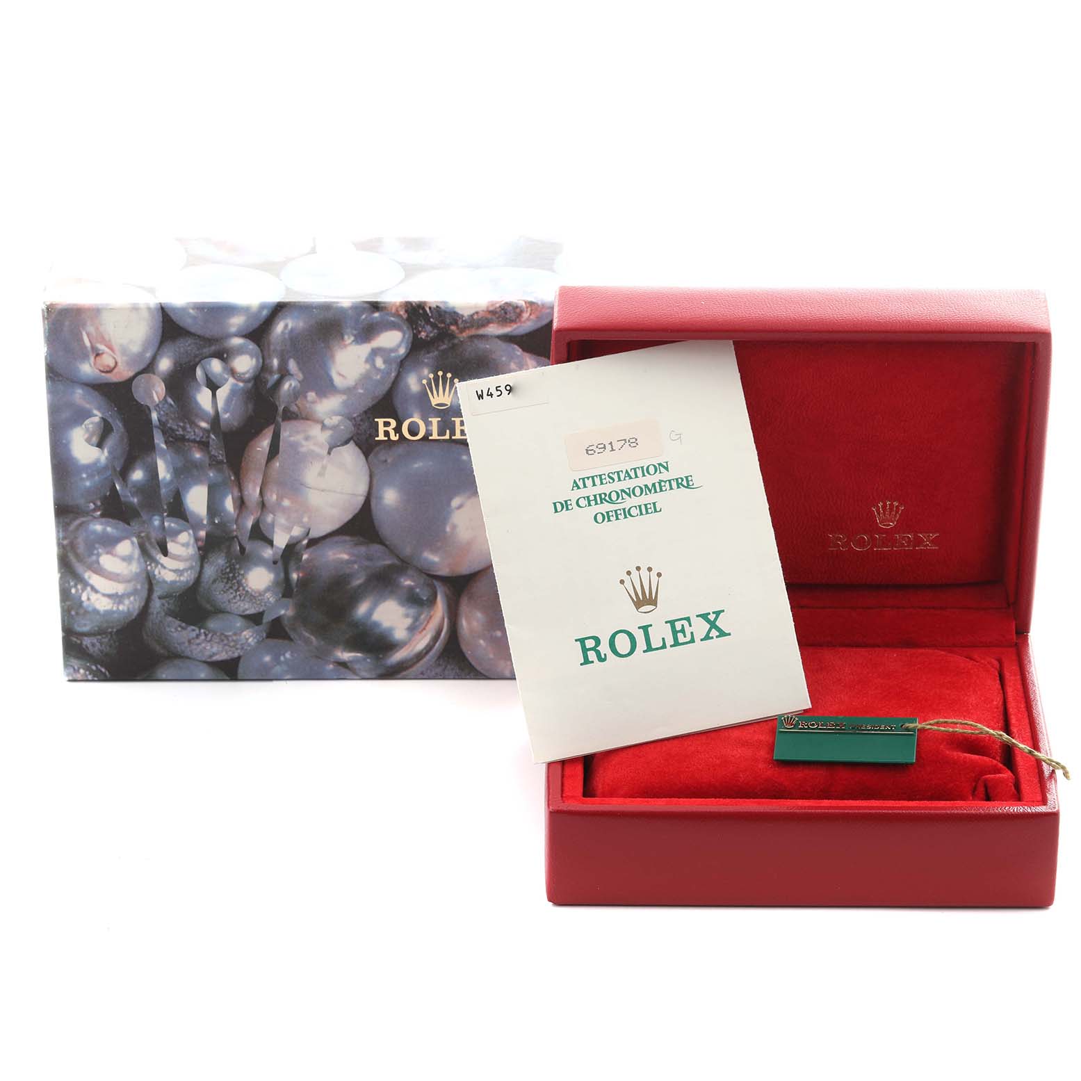 The image shows a Rolex President 69178 Women
s Yellow Gold Champagne Dial 69178 Women
s Yellow Gold Champagne Dial model box, tag, and certification card at an angled view.