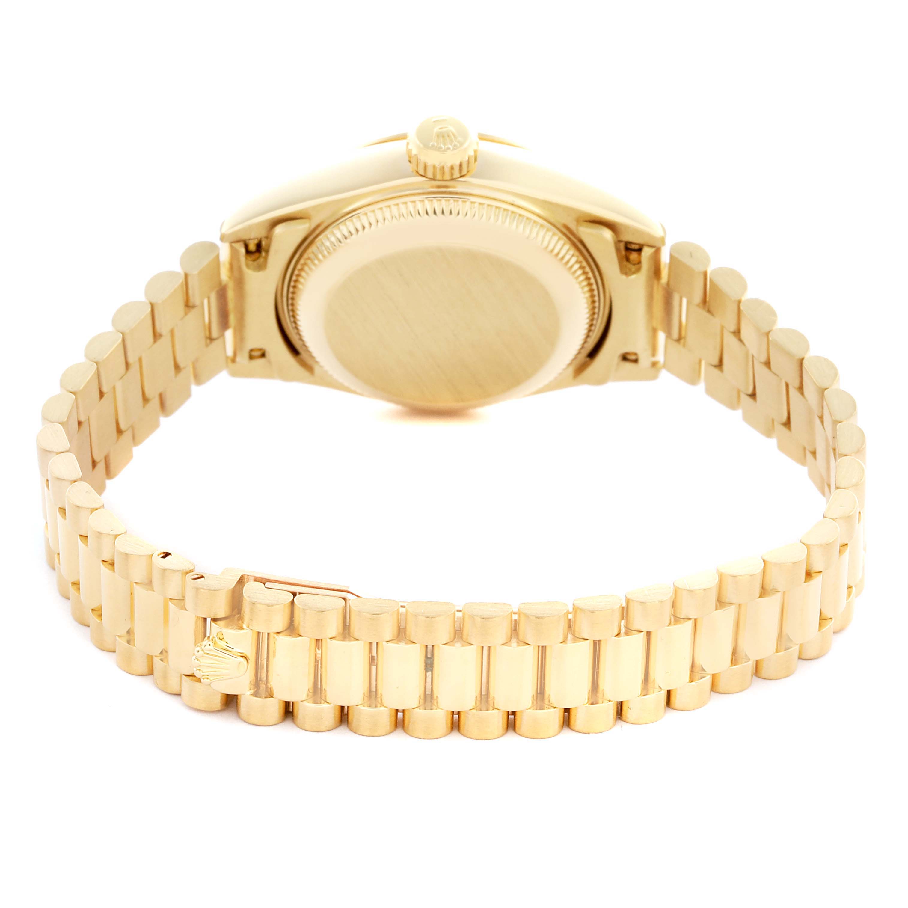 The image shows the back and bracelet of a Rolex President 69178 Women
s Yellow Gold Champagne Dial 69178 Women
s Yellow Gold Champagne Dial watch, highlighting the gold case, crown, and bracelet clasp.