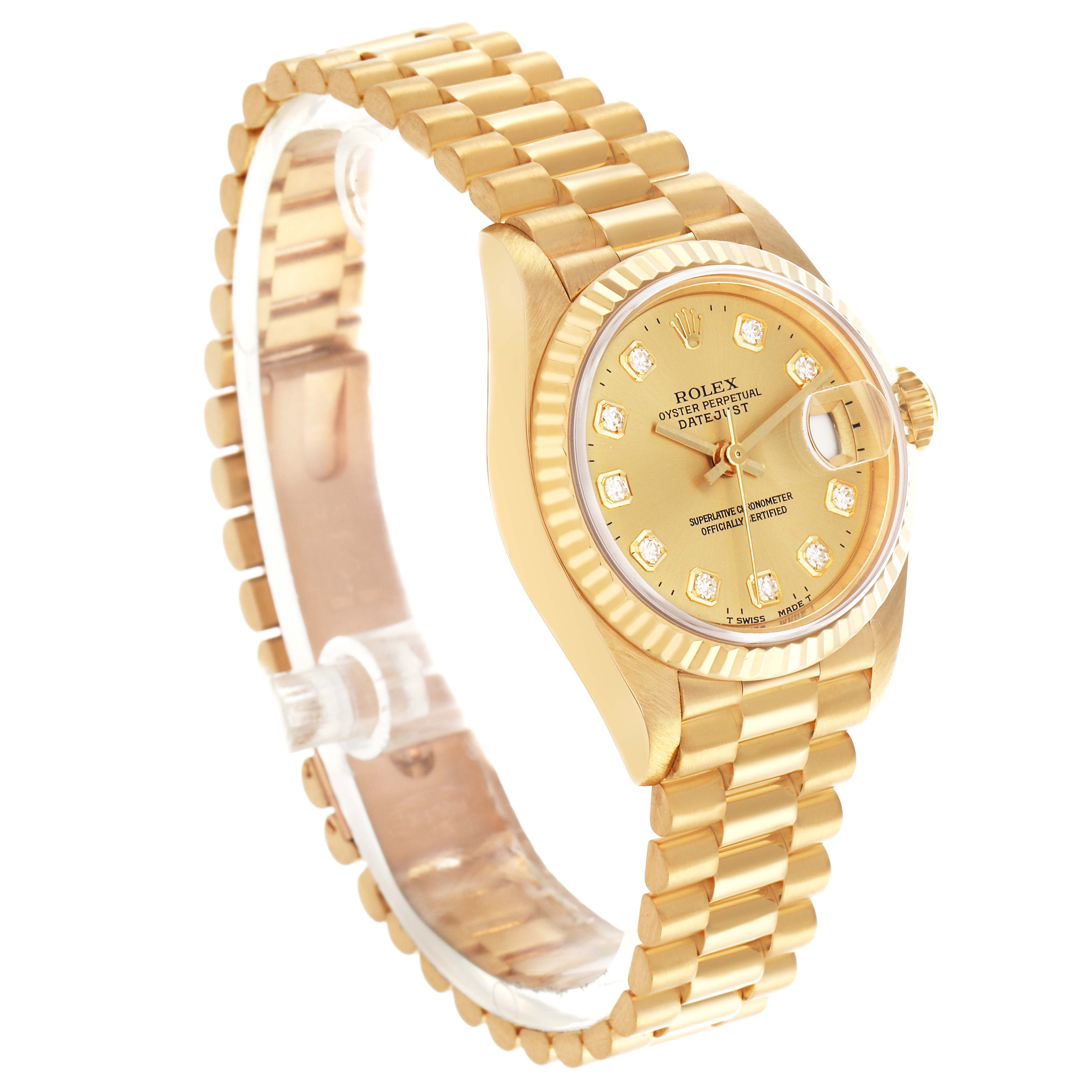 The Rolex President 69178 Women
s Yellow Gold Champagne Dial 69178 Women
s Yellow Gold Champagne Dial model watch is shown at an angled side view, displaying the dial, bracelet, and fluted bezel.