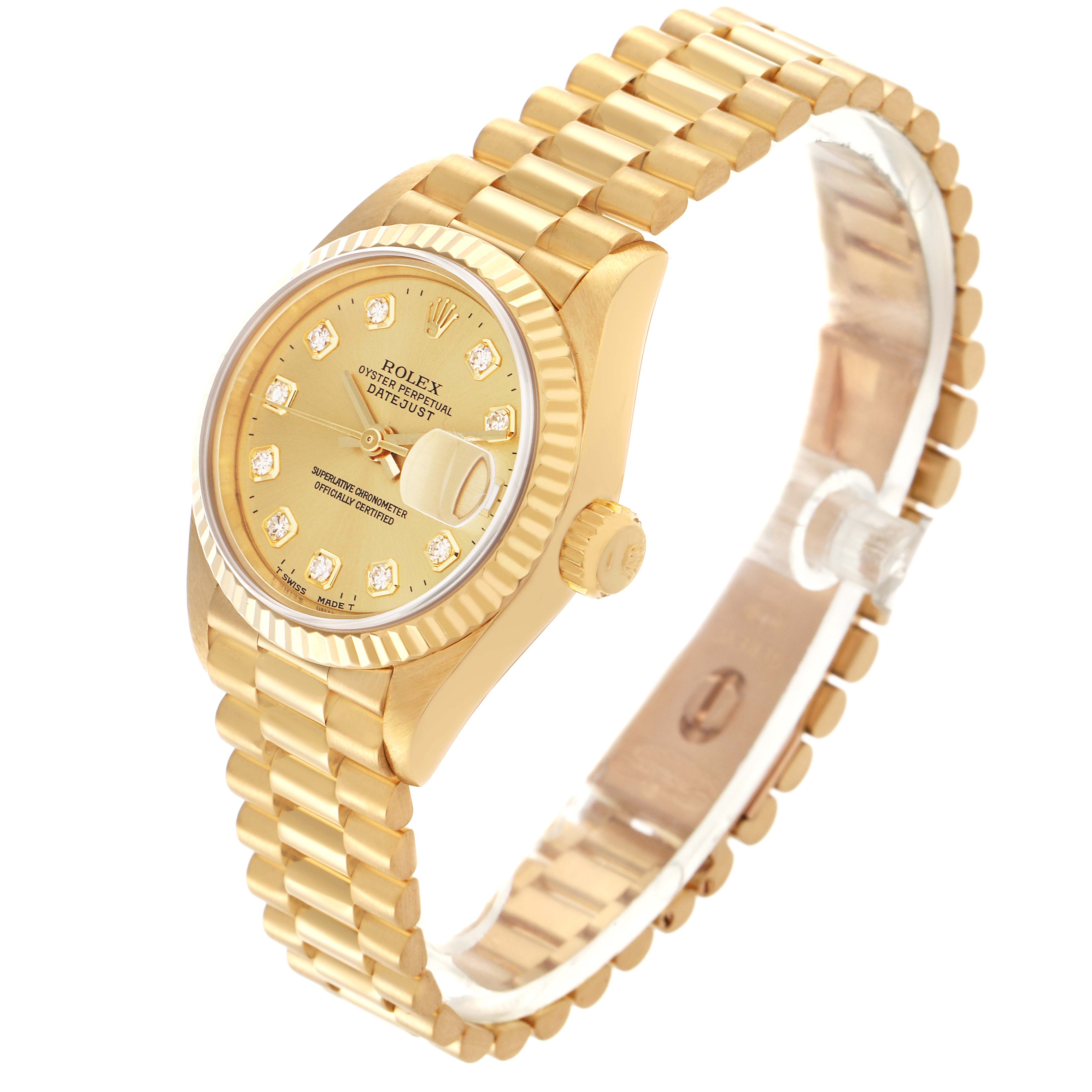 The Rolex President 69178 Women
s Yellow Gold Champagne Dial 69178 Women
s Yellow Gold Champagne Dial model watch is shown at an angled view, displaying the dial, bracelet, and crown.