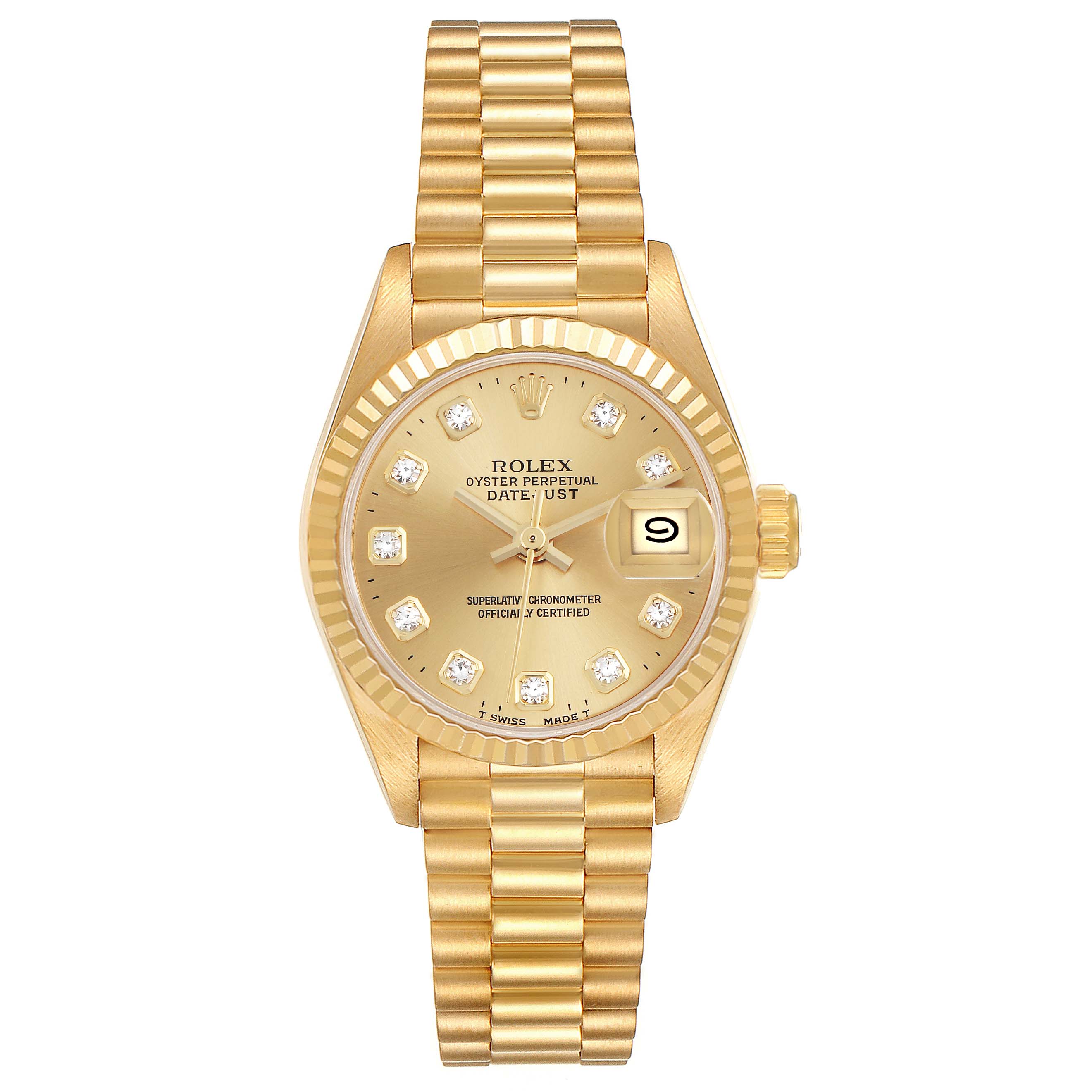 The Rolex President 69178 Women
s Yellow Gold Champagne Dial 69178 Women
s Yellow Gold Champagne Dial watch is shown from a top-down angle, displaying its gold bracelet, fluted bezel, and diamond-set dial.