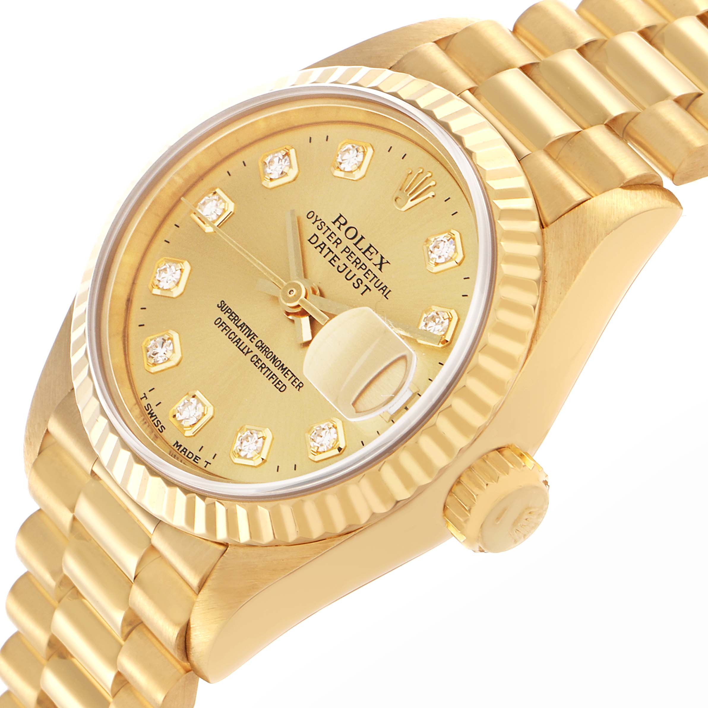The Rolex President 69178 Women
s Yellow Gold Champagne Dial 69178 Women
s Yellow Gold Champagne Dial model watch is shown at an angle highlighting the face, bezel, crown, and part of the bracelet.