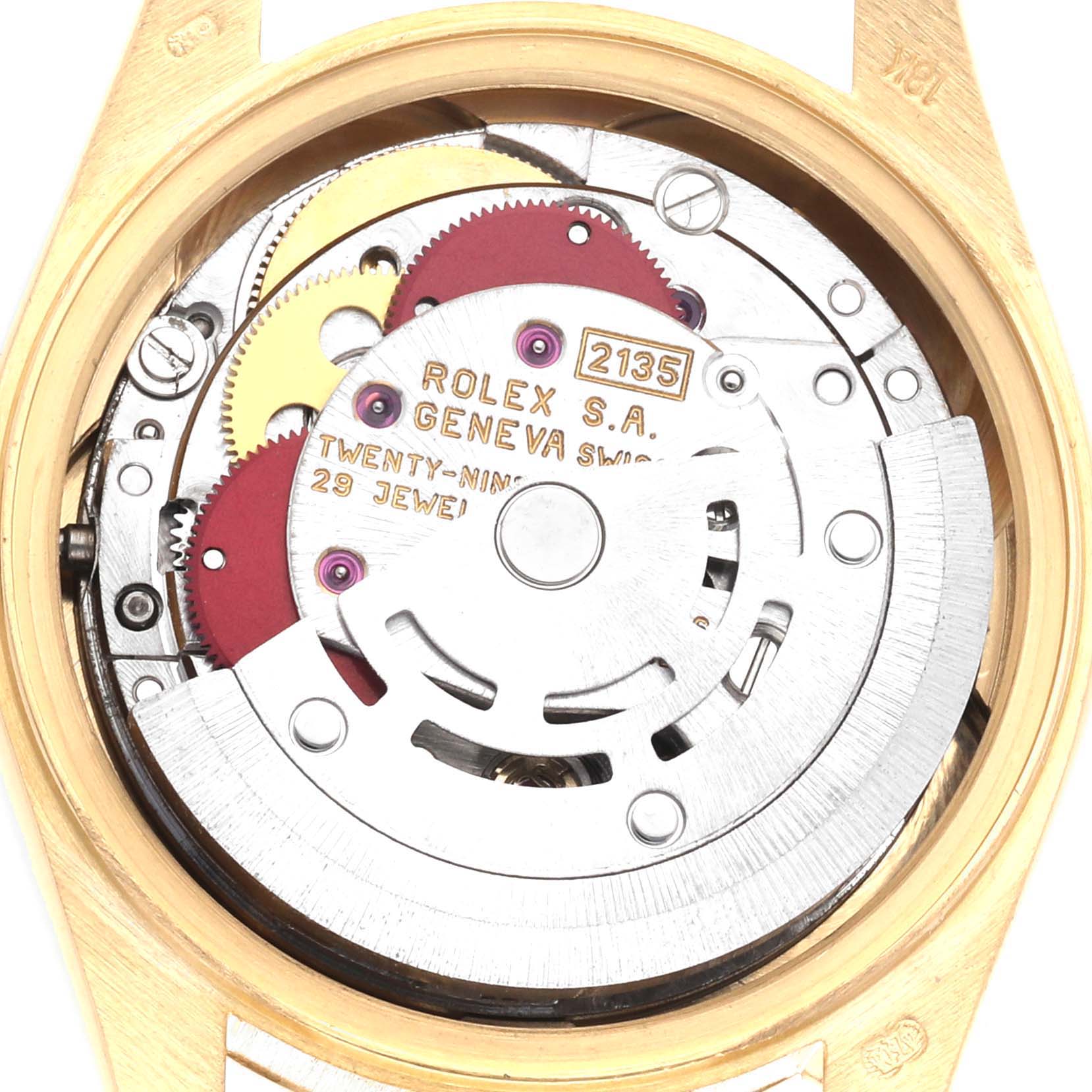 The image shows the open case back of a Rolex President 69178 Women
s Yellow Gold Champagne Dial 69178 Women
s Yellow Gold Champagne Dial watch, highlighting its intricate movement components.
