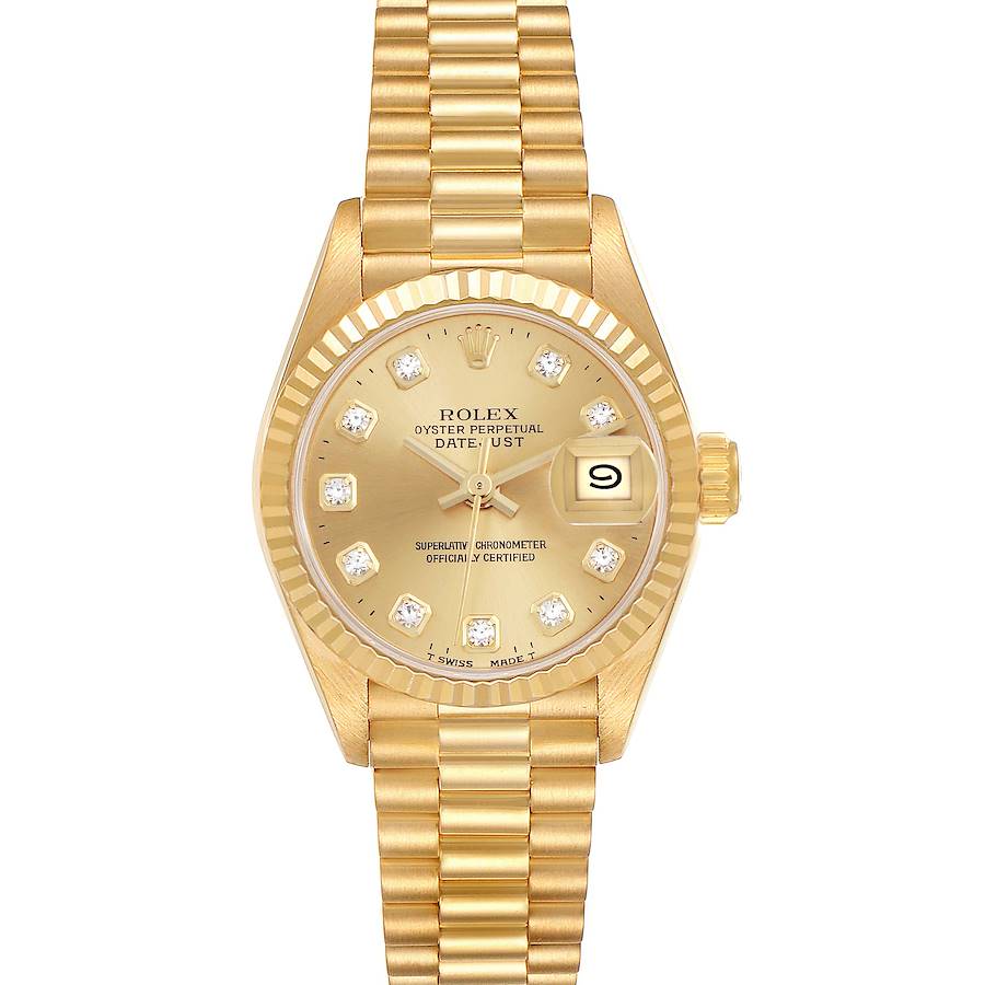 The Rolex President model is shown from the front, displaying the dial, bezel, and entire bracelet.