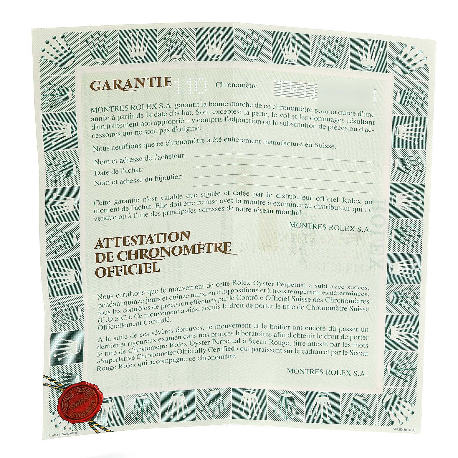 The image shows an official Rolex warranty certificate for the President model of the brand, with text and a red seal.