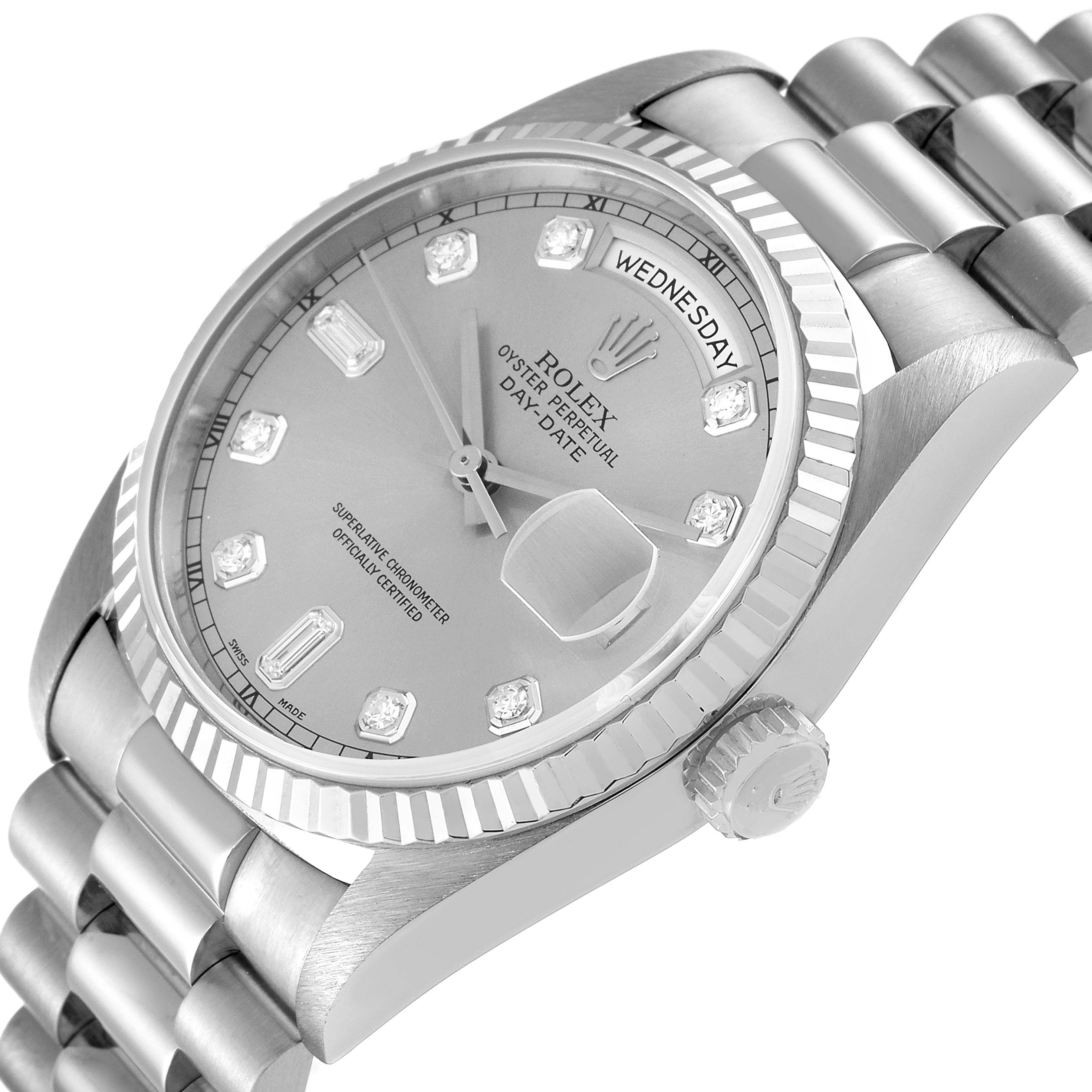 The image shows a silver Rolex President 18239 Men's White Gold Silver Dial 18239 Men's White Gold Silver Dial model watch at a slight angle, displaying the face, bezel, and part of the bracelet.