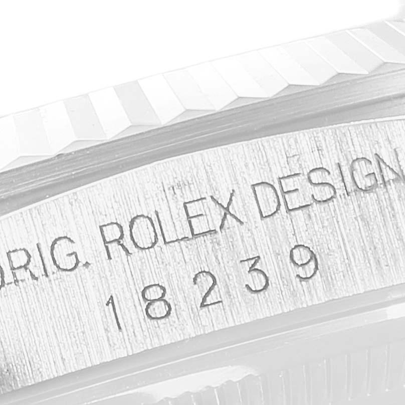 This image shows a close-up angle of the bezel and model number (18239) on a Rolex President 18239 Men's White Gold Silver Dial 18239 Men's White Gold Silver Dial watch.
