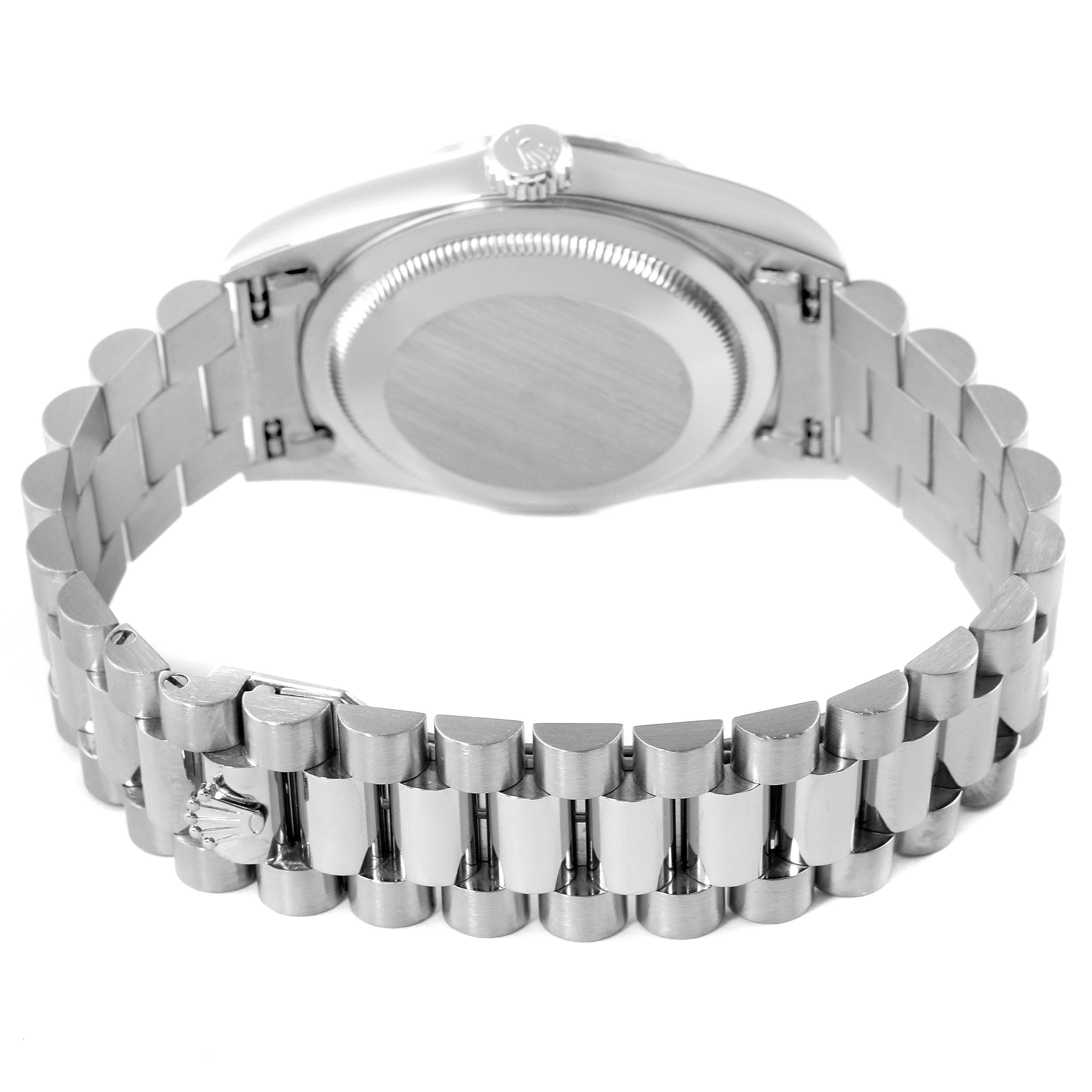 This image shows the back view of the Rolex President 18239 Men's White Gold Silver Dial 18239 Men's White Gold Silver Dial model watch, highlighting the case back and the President bracelet.