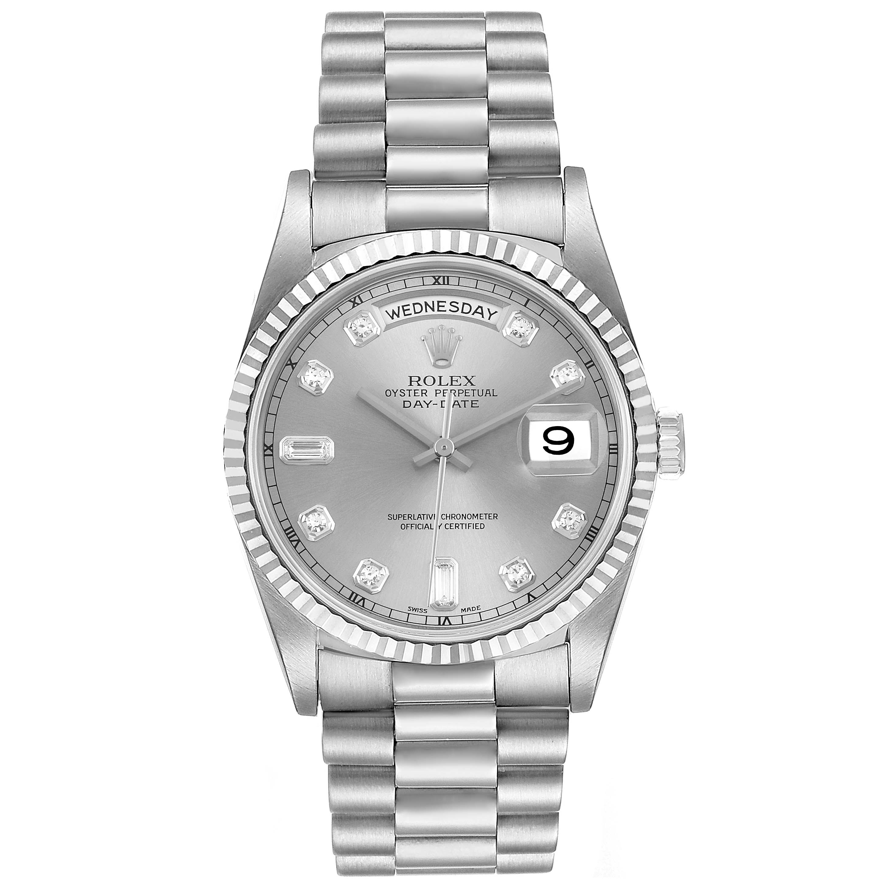 This image shows a frontal view of a Rolex President 18239 Men's White Gold Silver Dial 18239 Men's White Gold Silver Dial model watch, featuring the dial, bezel, and bracelet.