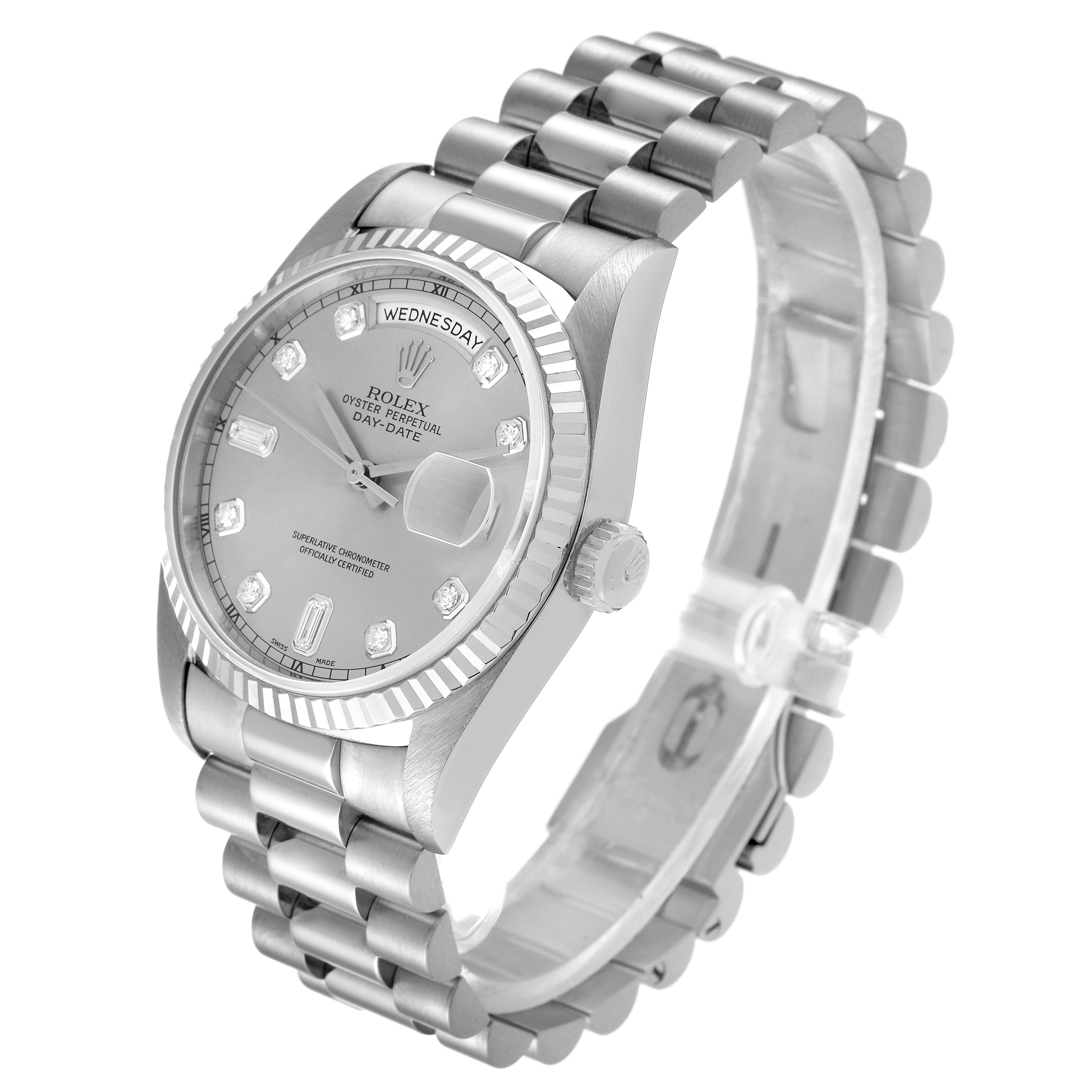 The Rolex President 18239 Men's White Gold Silver Dial 18239 Men's White Gold Silver Dial model watch is shown at a slight angle, displaying the face, bezel, crown, and part of the bracelet.