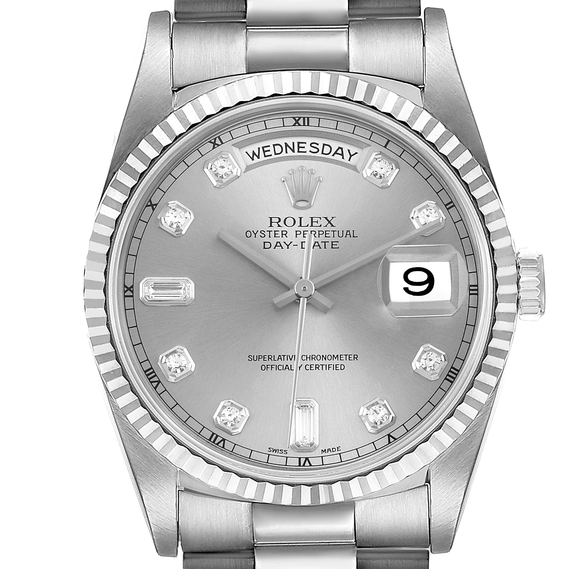 The image shows a frontal view of the Rolex President 18239 Men's White Gold Silver Dial 18239 Men's White Gold Silver Dial Oyster Perpetual Day-Date watch face and part of the bracelet.