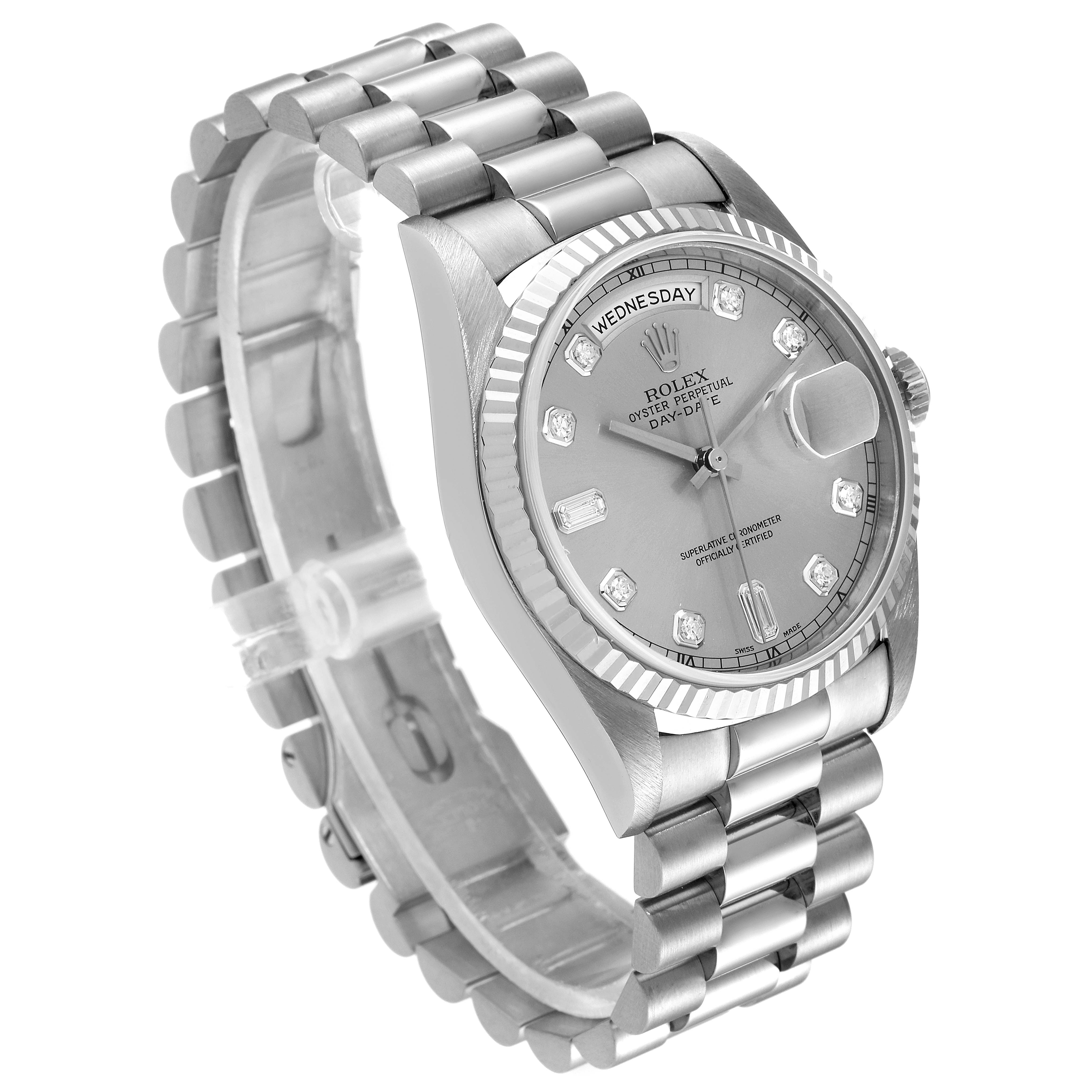 The image shows a Rolex President 18239 Men's White Gold Silver Dial 18239 Men's White Gold Silver Dial model watch at a three-quarters angle, highlighting the bracelet, case, and dial.