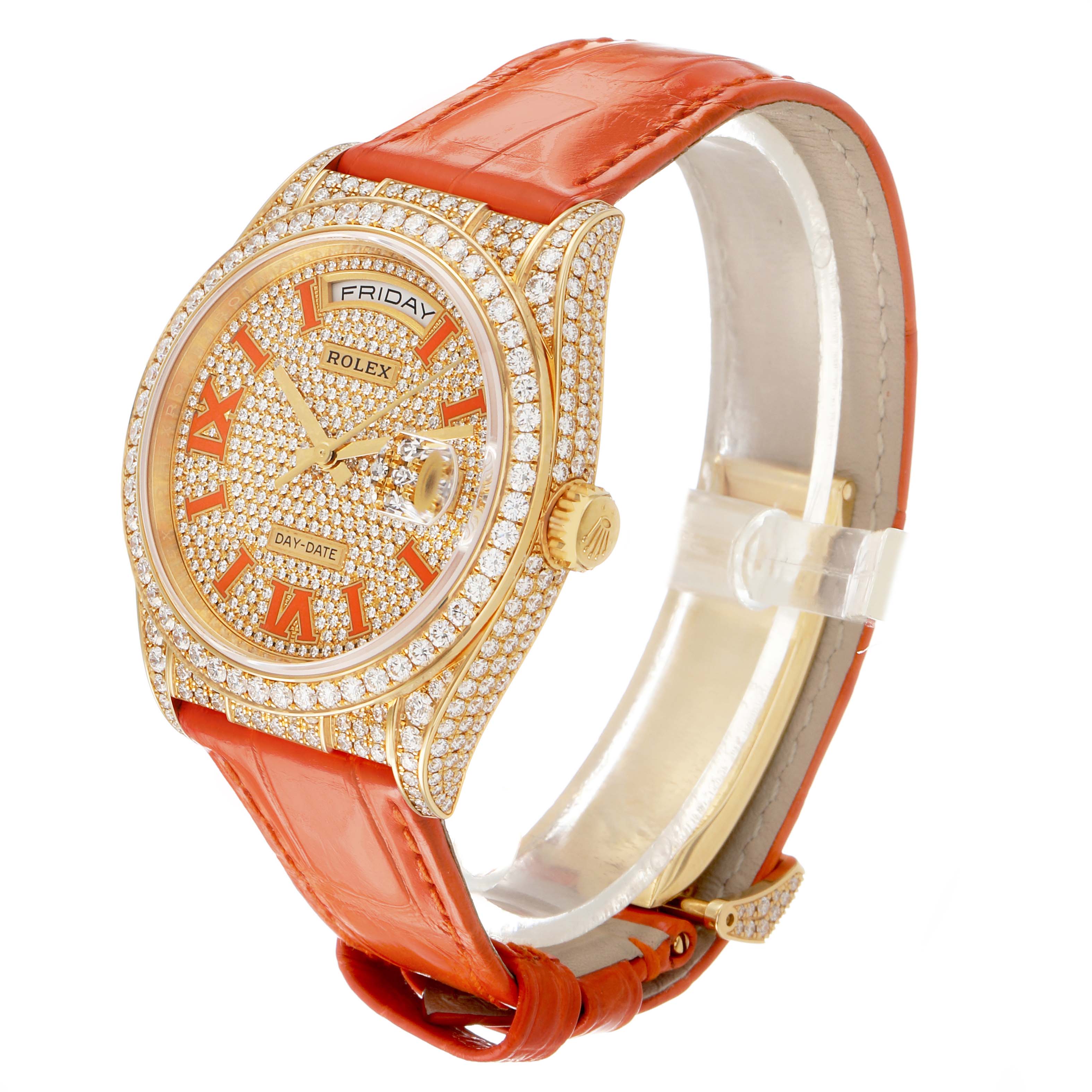 The Rolex President 128158RBR Men's Yellow Gold Champagne Dial model watch is shown at a three-quarter angle, displaying the diamond-encrusted dial and orange strap.