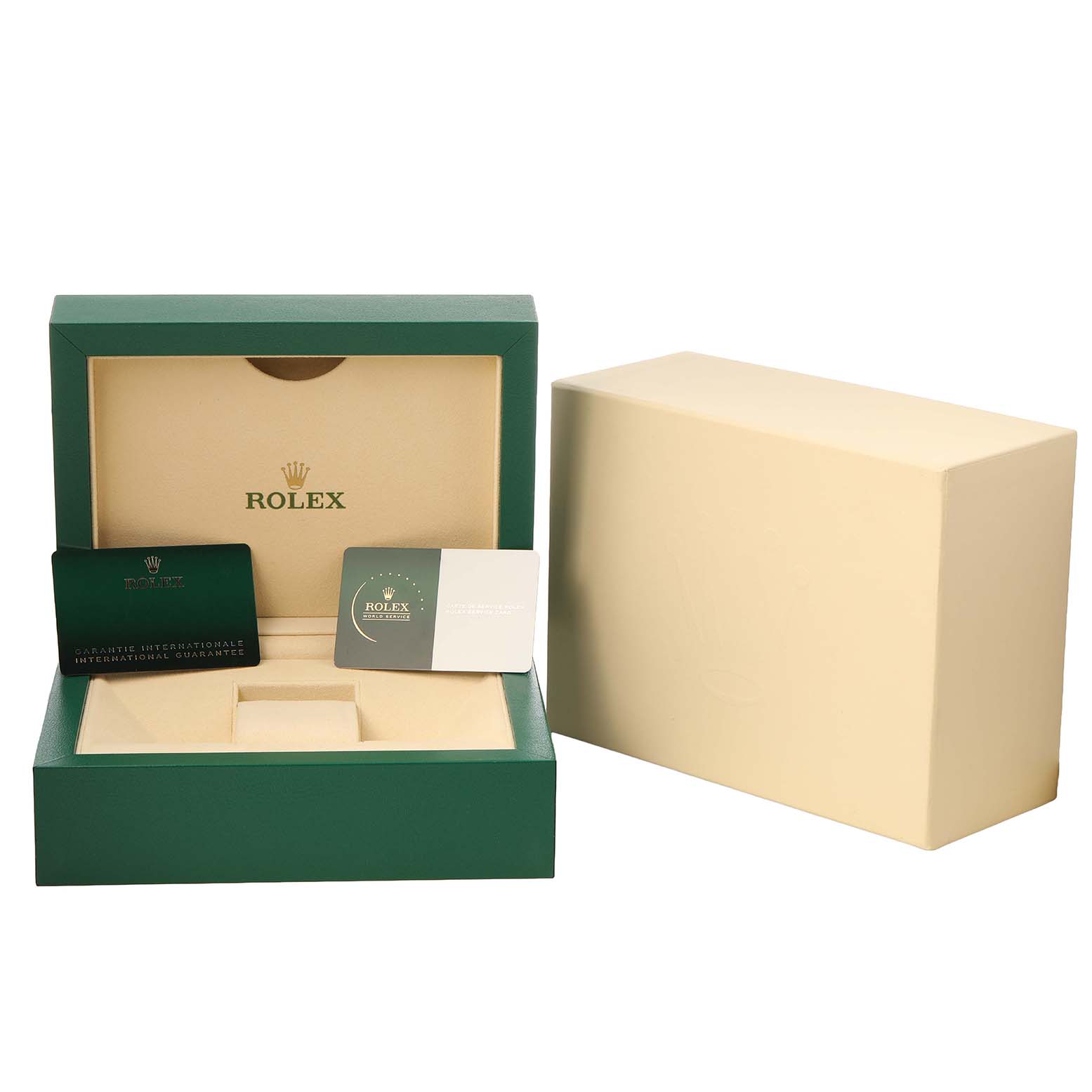 The image shows the open green box for the Rolex President 128158RBR Men's Yellow Gold Champagne Dial model, along with warranty cards and an outer beige box.