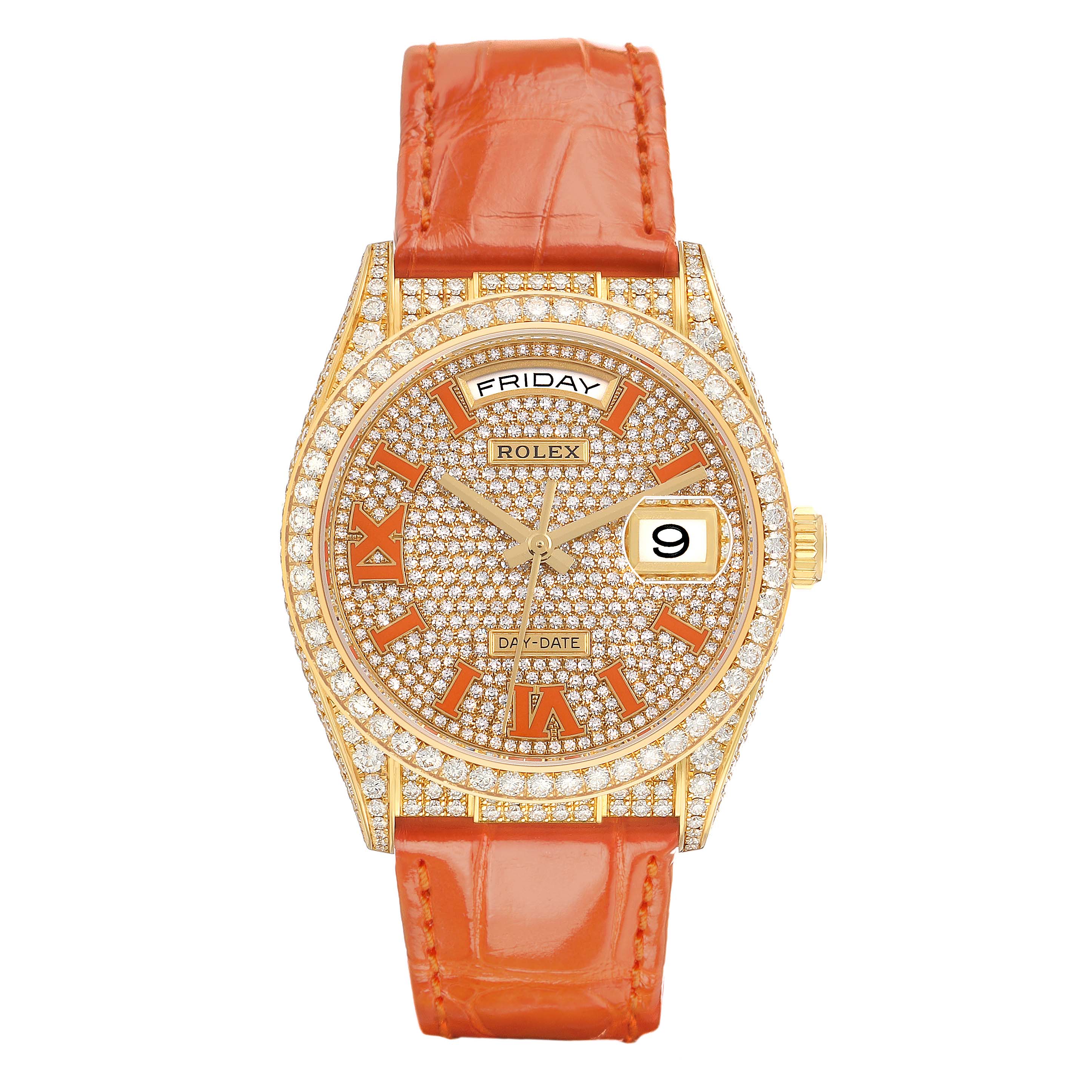 The Rolex President 128158RBR Men's Yellow Gold Champagne Dial watch is shown from a top-down angle, highlighting its diamond-studded dial, orange Roman numerals, and orange leather strap.